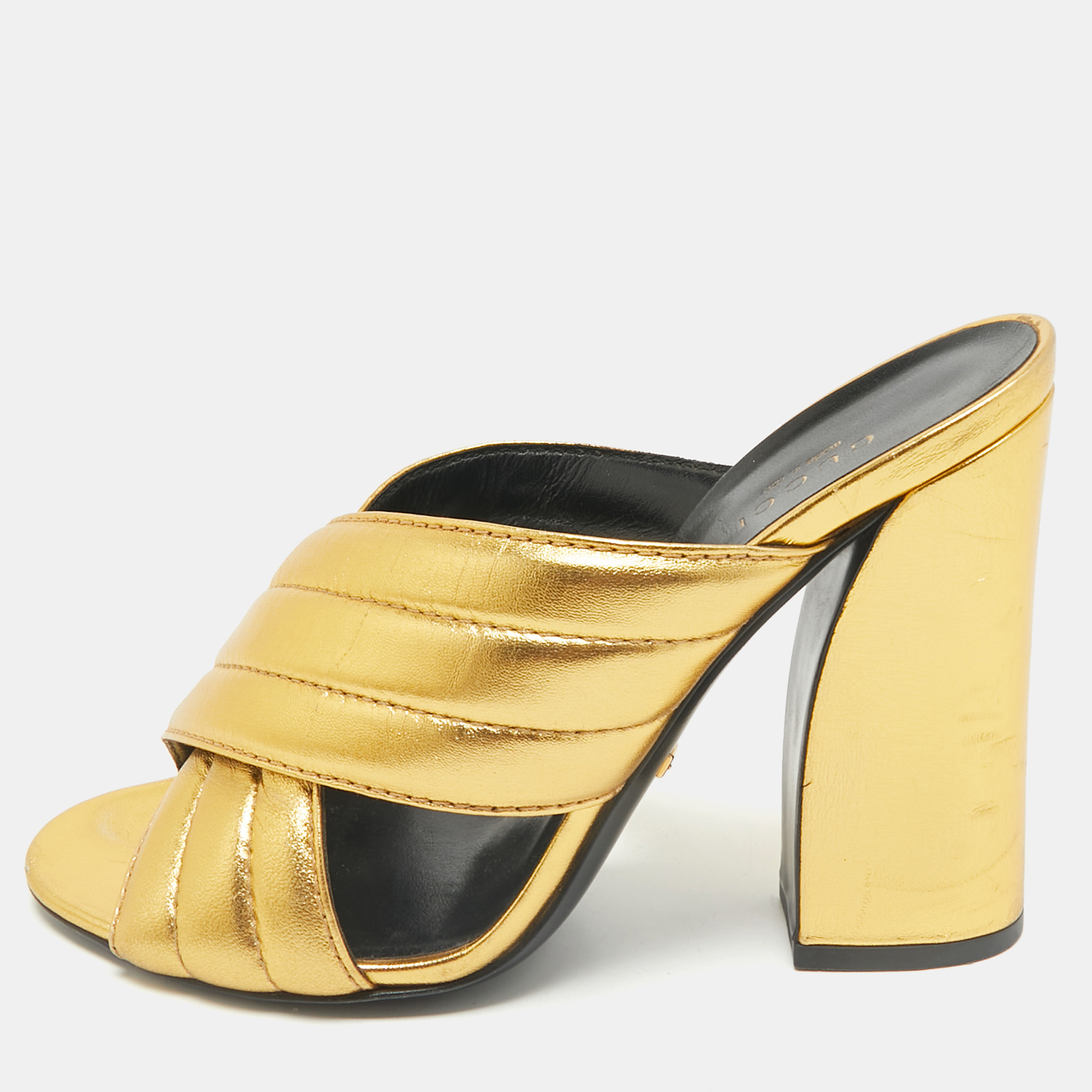 

Gucci Metallic Gold Leather Webby Slide Sandals Size