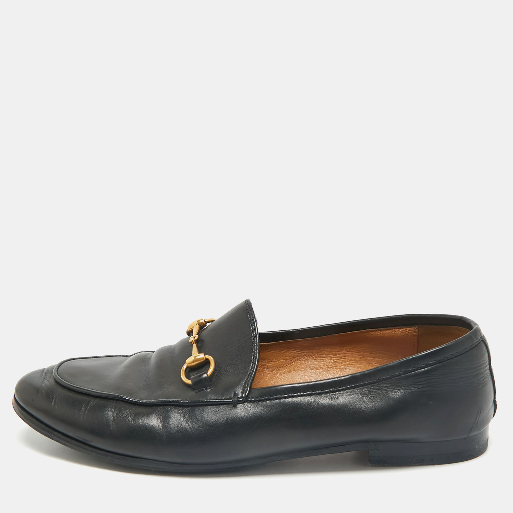 Pre-owned Gucci Black Leather Horsebit Jordaan Loafers Size 37.5