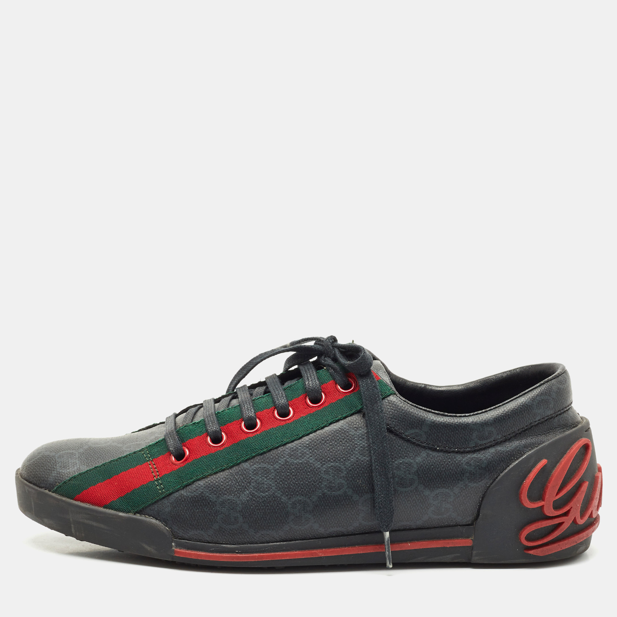 

Gucci Black GG Supreme Canvas Classic Web Script Low Top Sneakers Size