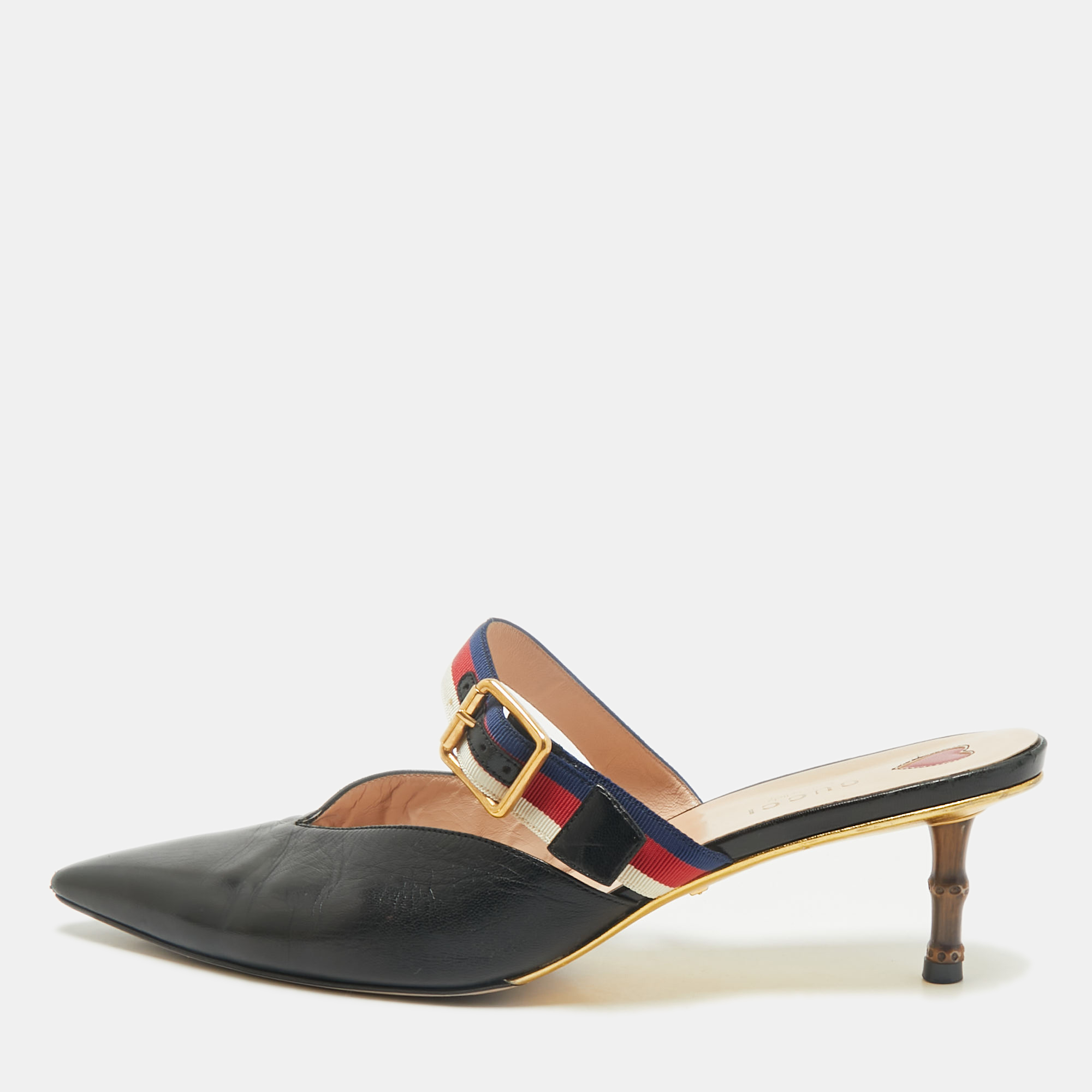 

Gucci Black Leather Web Pointed Toe Bamboo Heel Mules Size