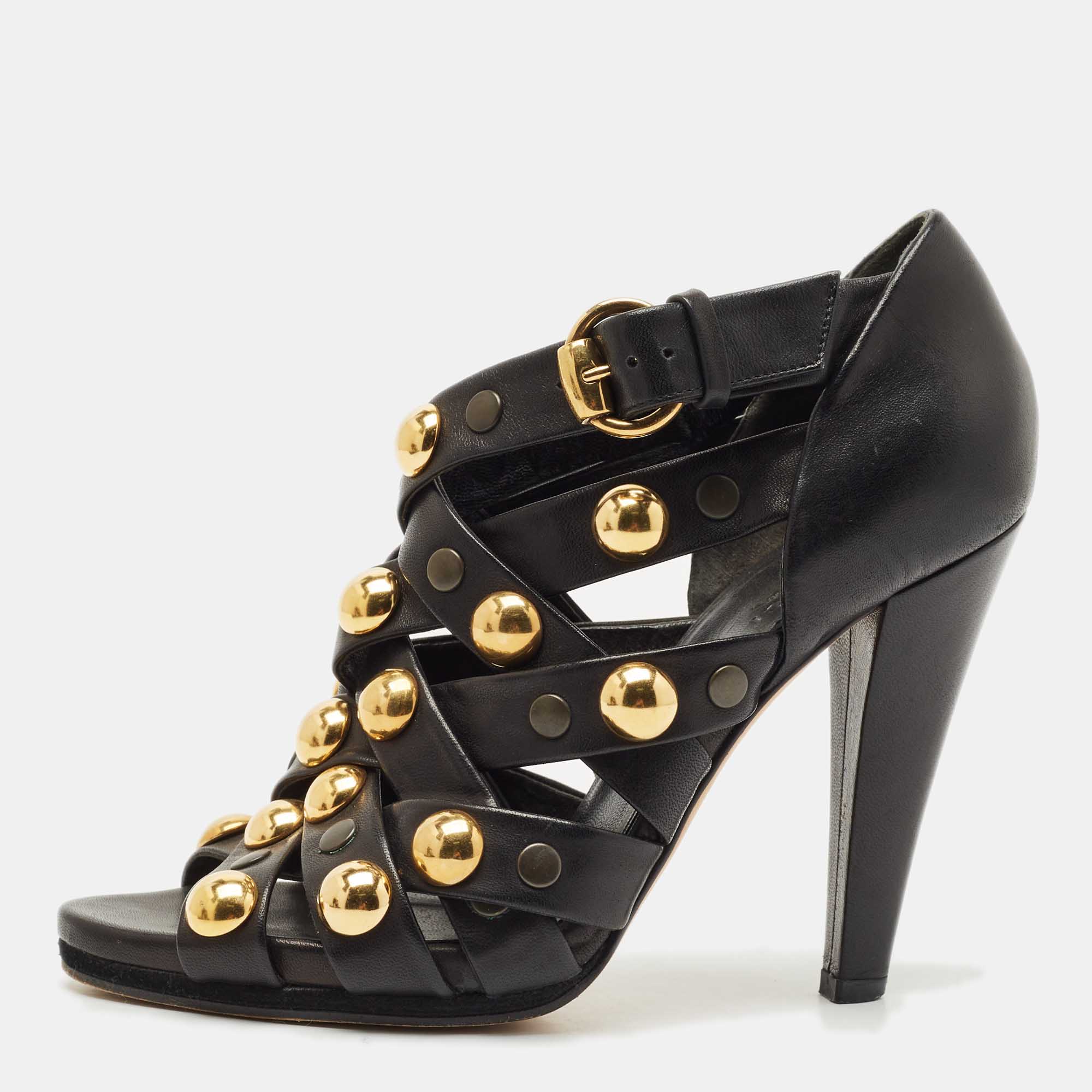 

Gucci Black Leather Babouska Studded Criss Cross Open Toe Sandals Size