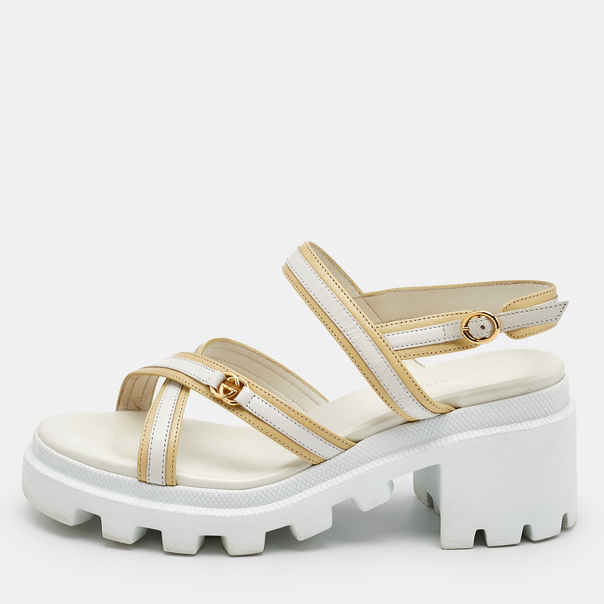 

Gucci White/Cream Leather Ankle Strap Block Heel Platform Sandals Size