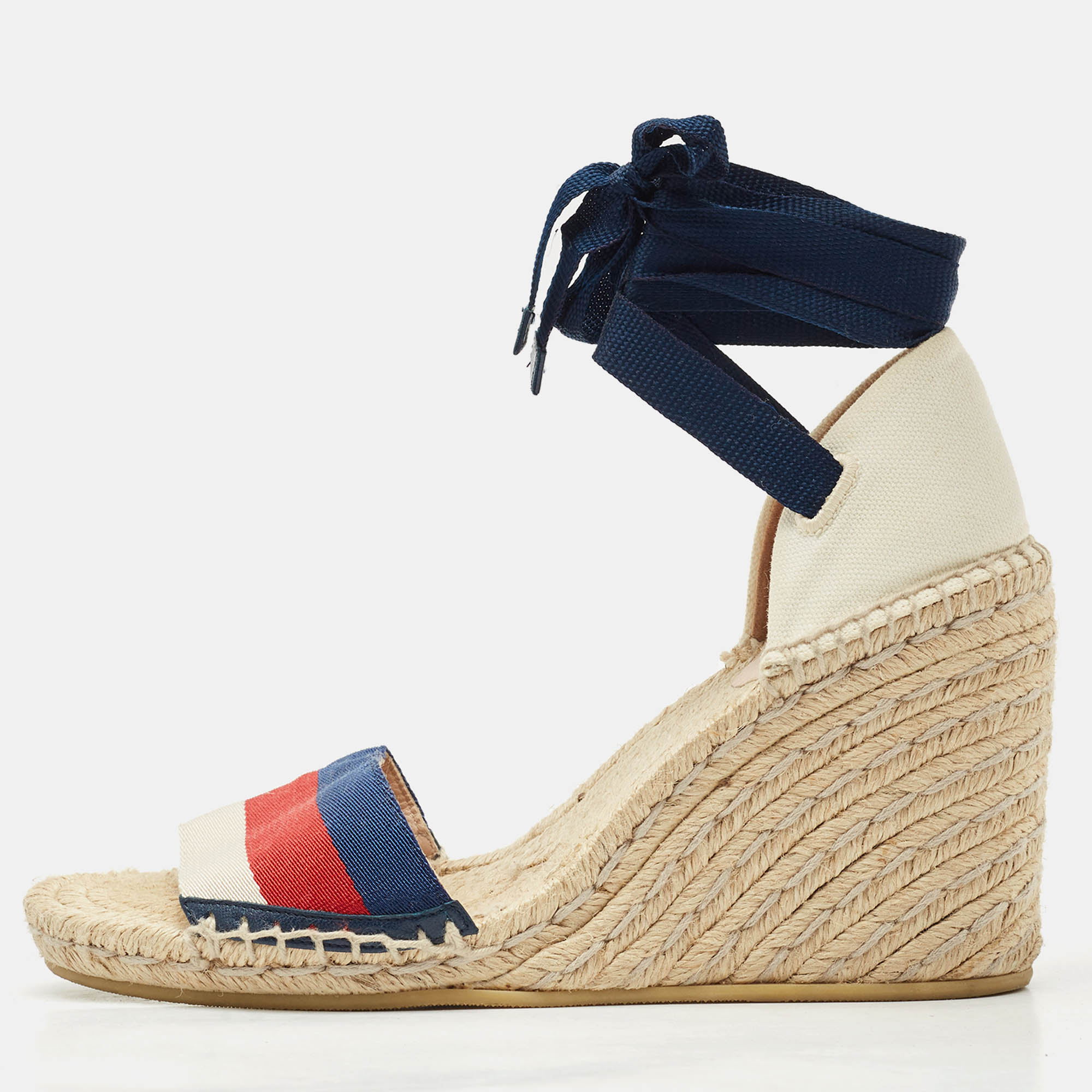 

Gucci Multicolor Canvas Web Espadrille Wedge Ankle Wrap Sandals Size