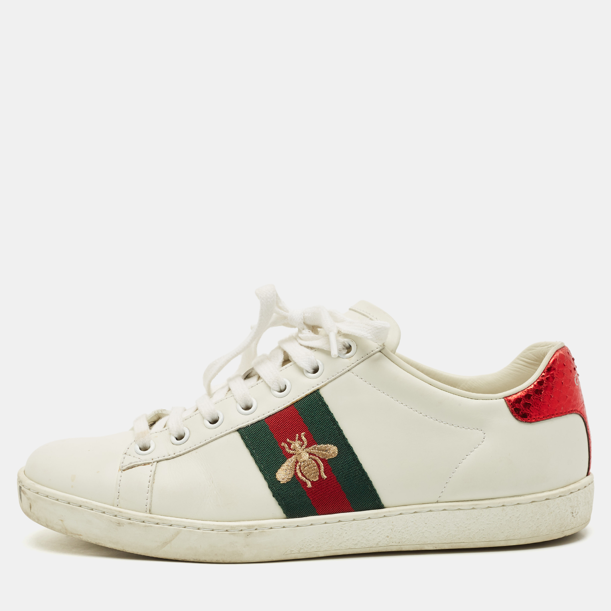 

Gucci White Leather Embroidered Bee Ace Low Top Sneakers Size