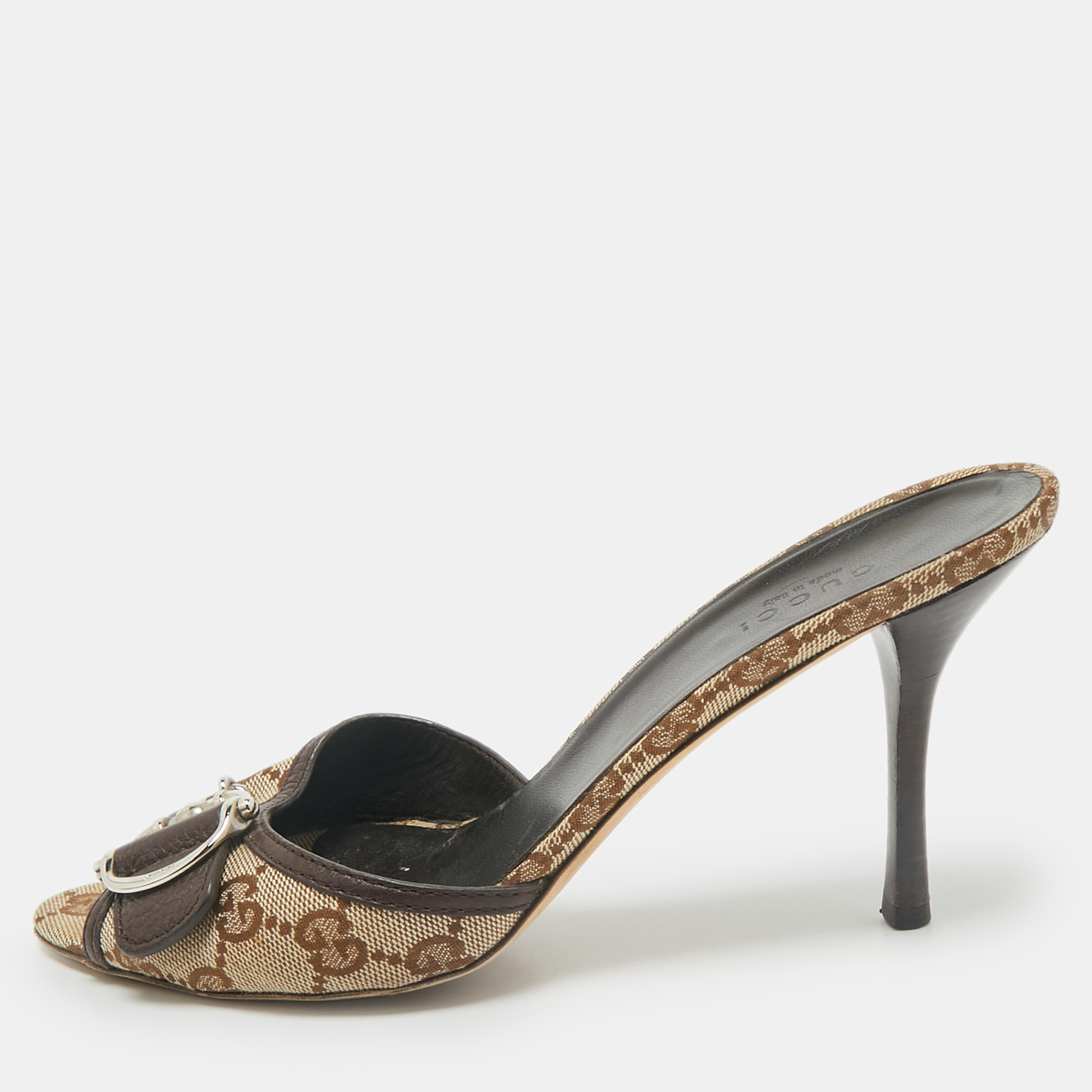 

Gucci Beige GG Canvas and Leather Horsebit Mule Sandals Size