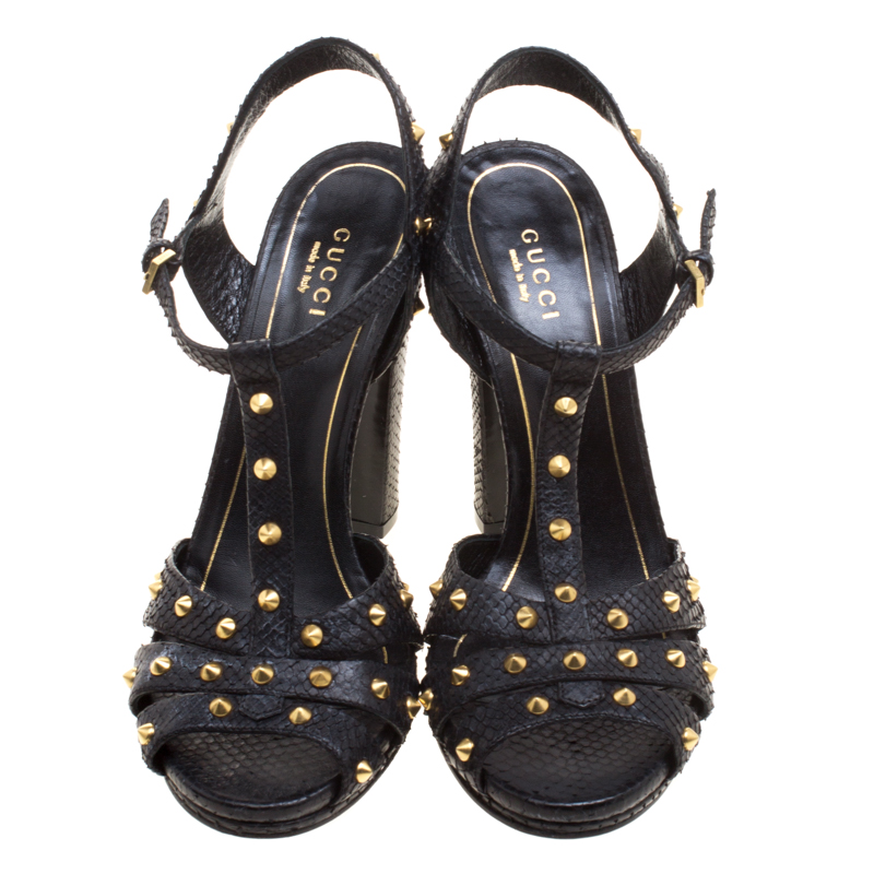 Pre-owned Gucci Black Studded Python Leather T-strap Slingback Sandals Size 37.5