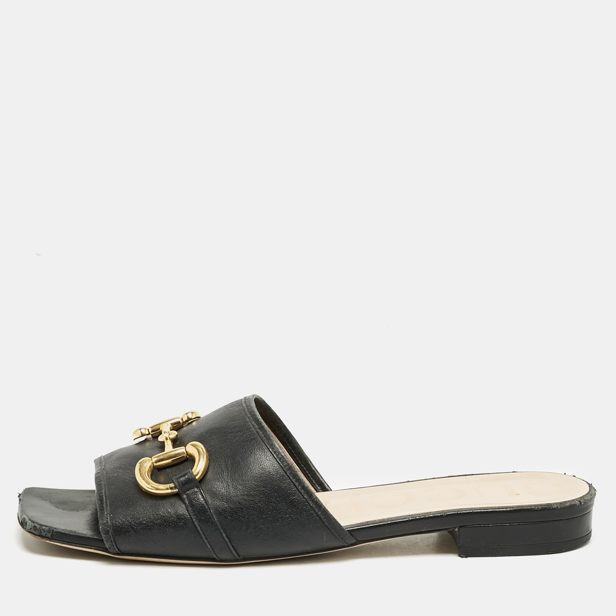 

Gucci Black Leather Horsebit Flat Sandals Size