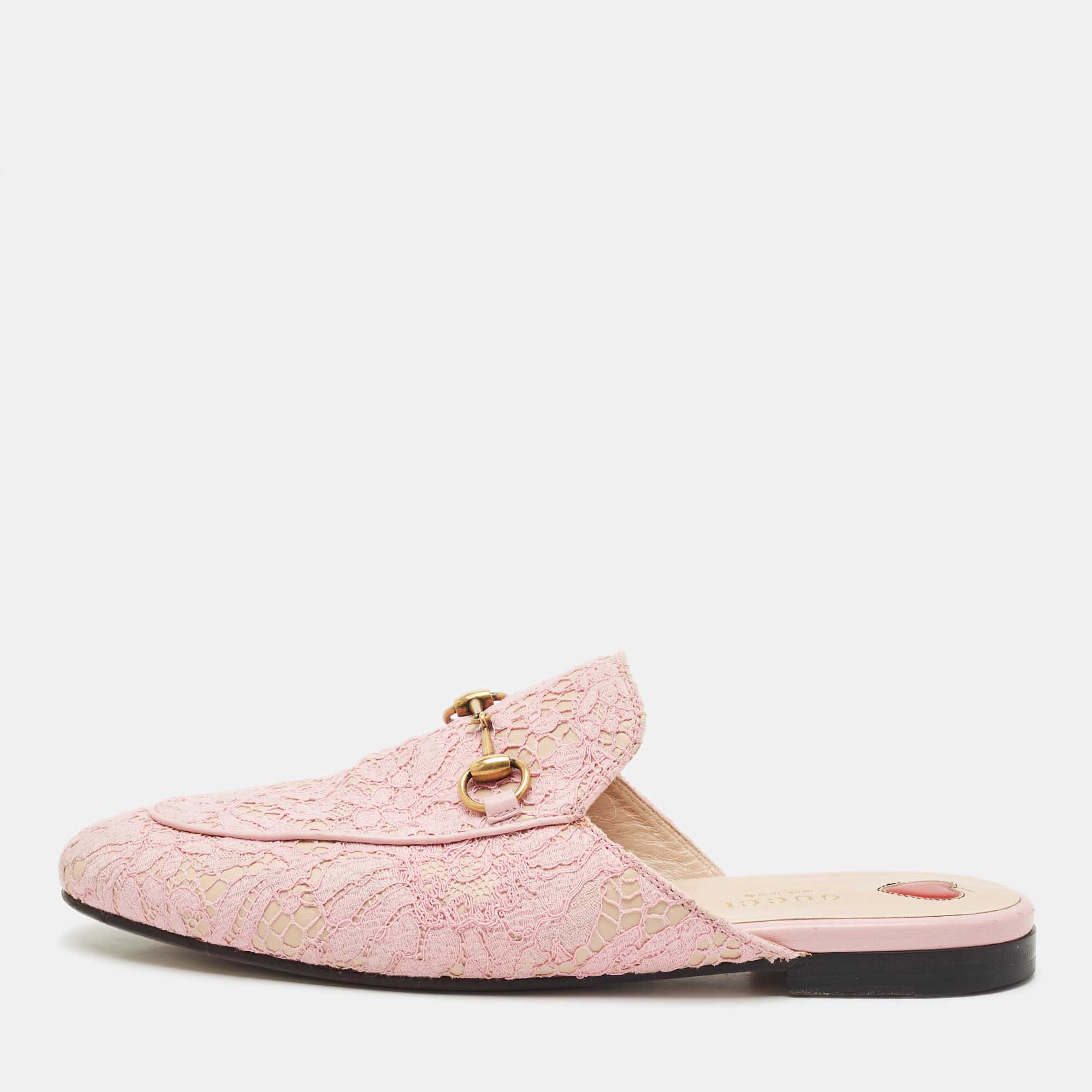 

Gucci Pink Lace Princetown Flat Mules Size
