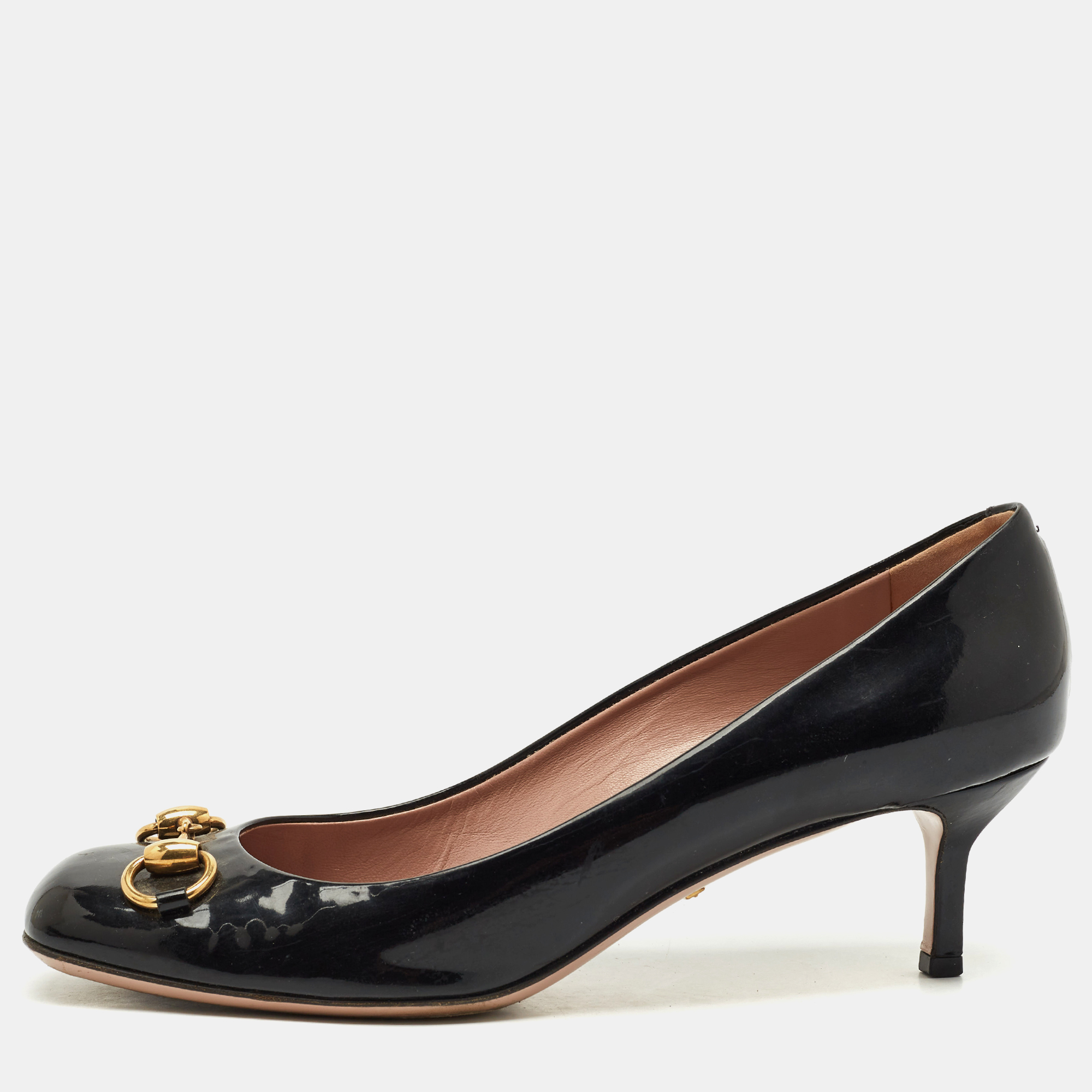 

Gucci Black Guccissima Patent Horsebit Hollywood Pumps Size