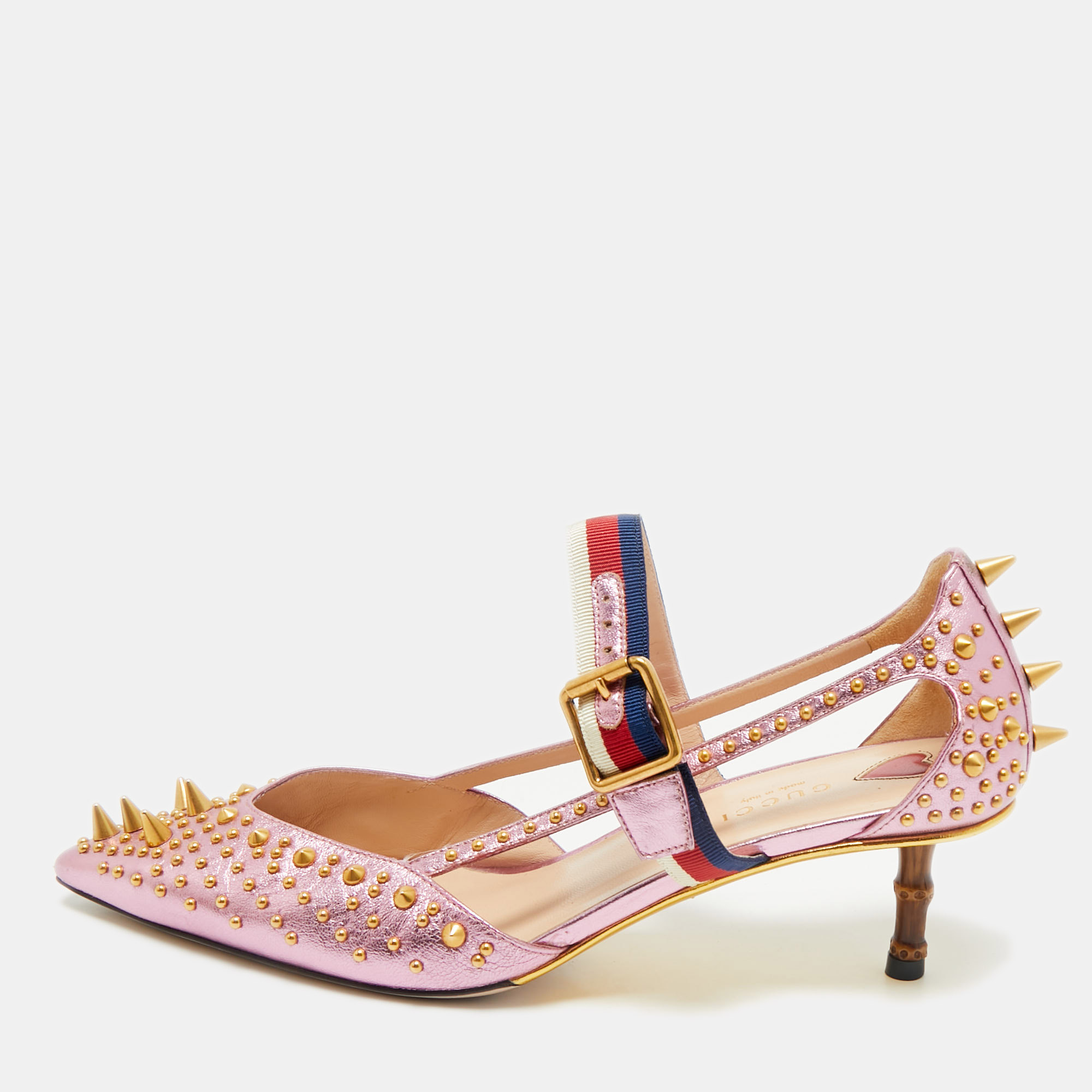 

Gucci Metallic Pink Leather Studded Unia Mary Jane Pumps Size