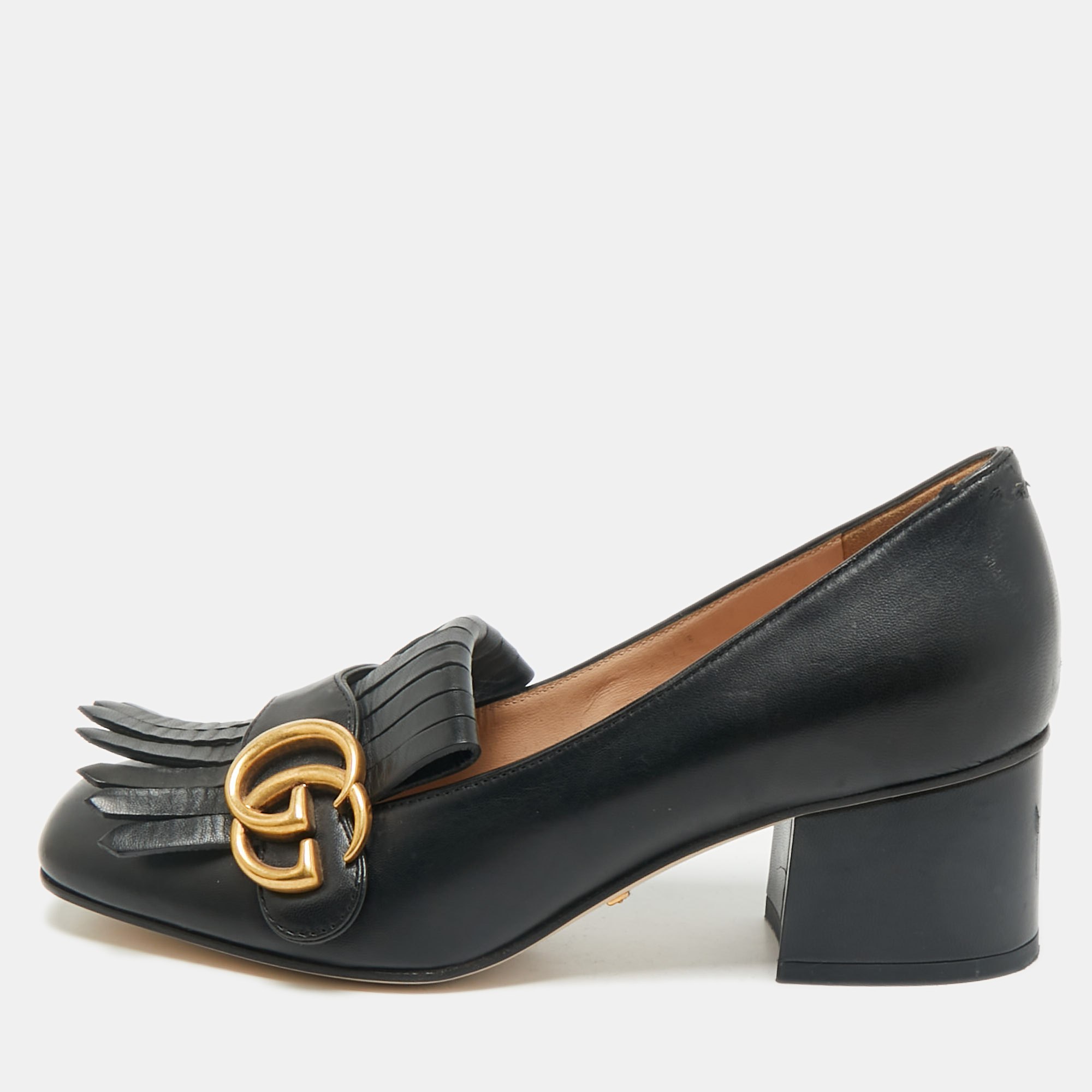 

Gucci Black Leather GG Marmont Fringe Block Heel Pumps Size