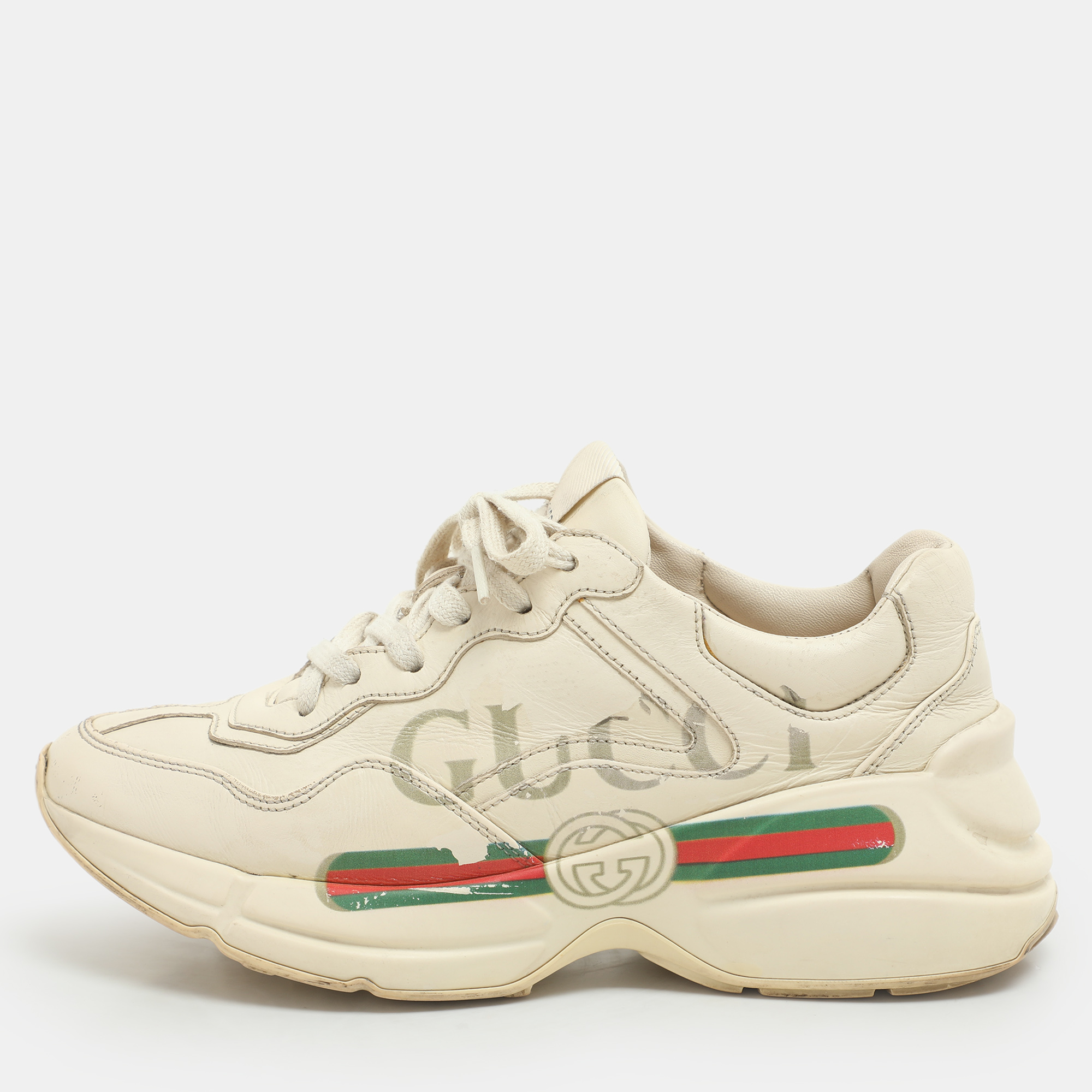 

Gucci Off White Leather Rhyton Logo Print Low Top Sneakers Size