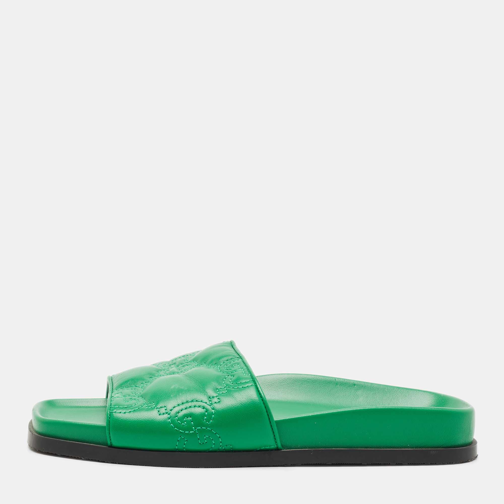 

Gucci Green Leather GG Matelassè Embroidered Flat Slide Sandals Size
