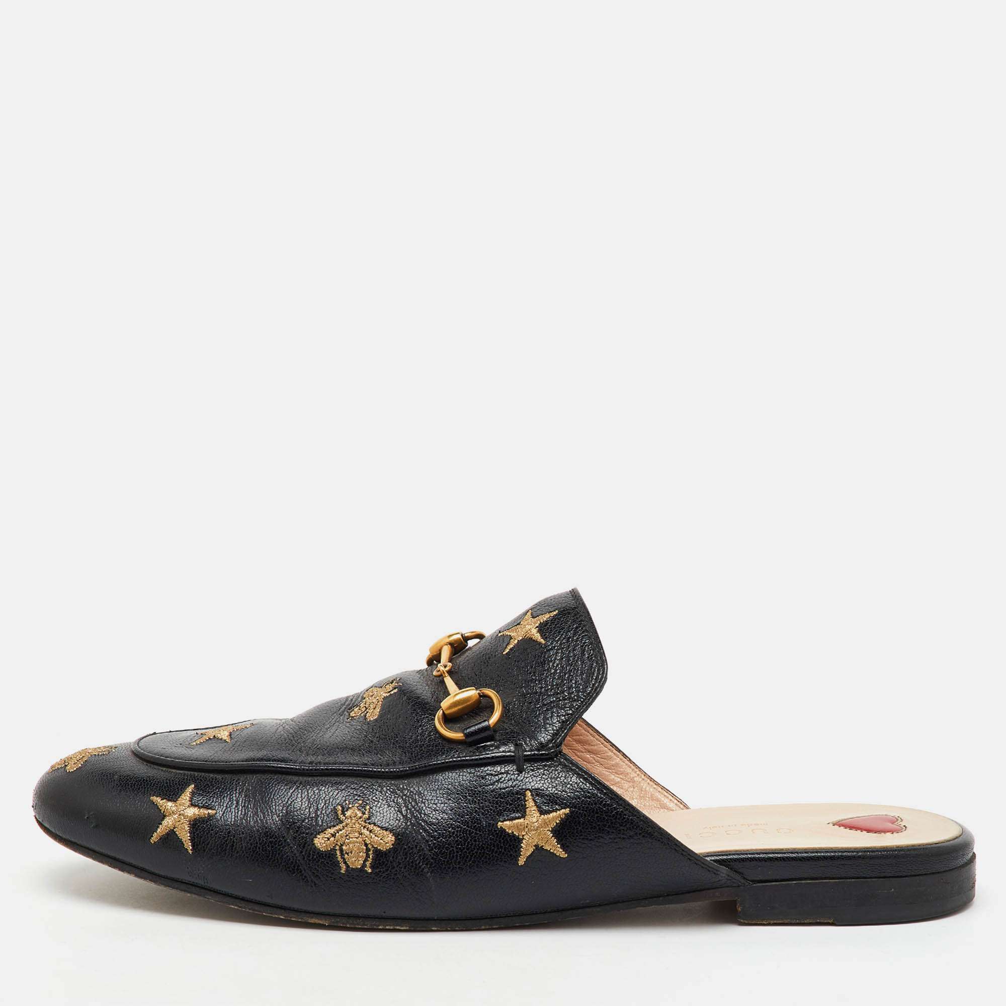 

Gucci Black Leather Star Bee Embroidered Princetown Horsebit Flat Mules Size