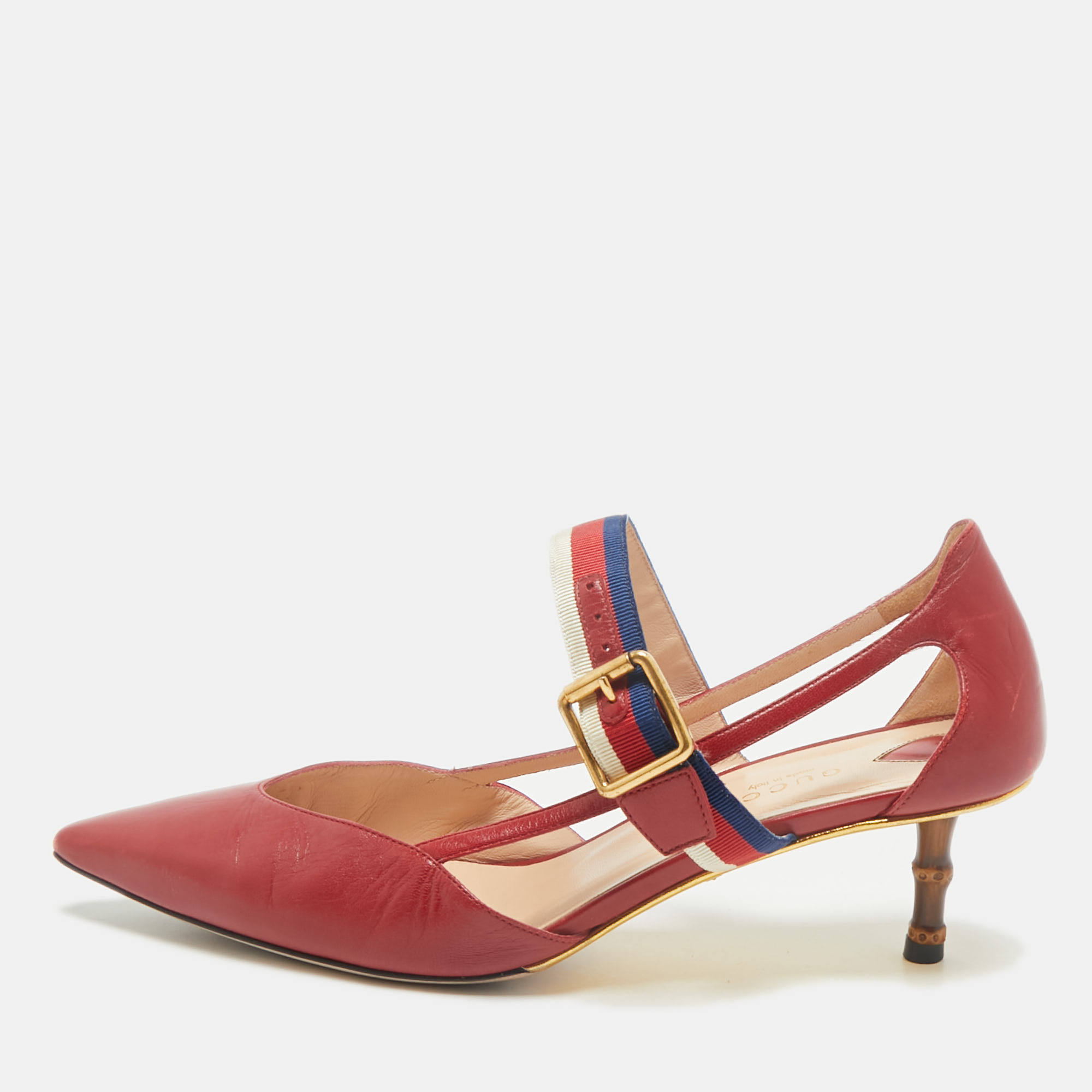 

Gucci Red Leather Sylvie Web Strap Bamboo Heel Unia Pumps Size
