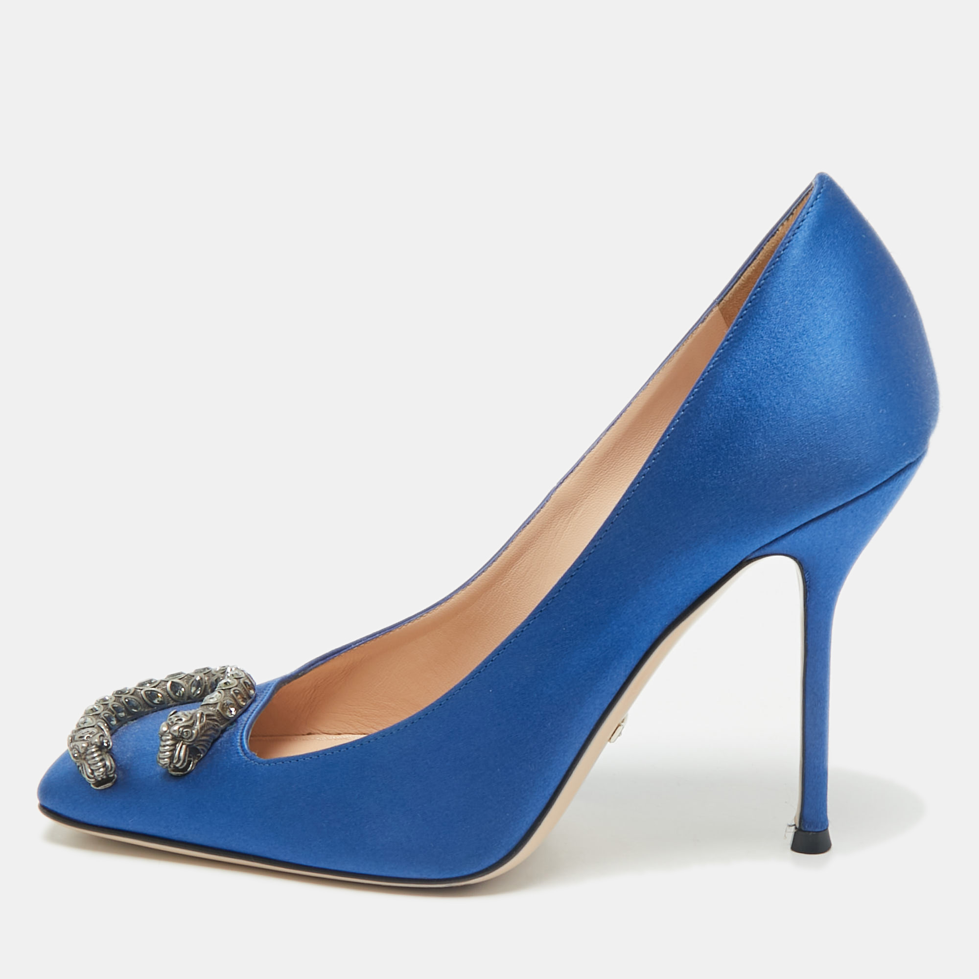 

Gucci Blue Satin Embellished Dionysus Pumps Size