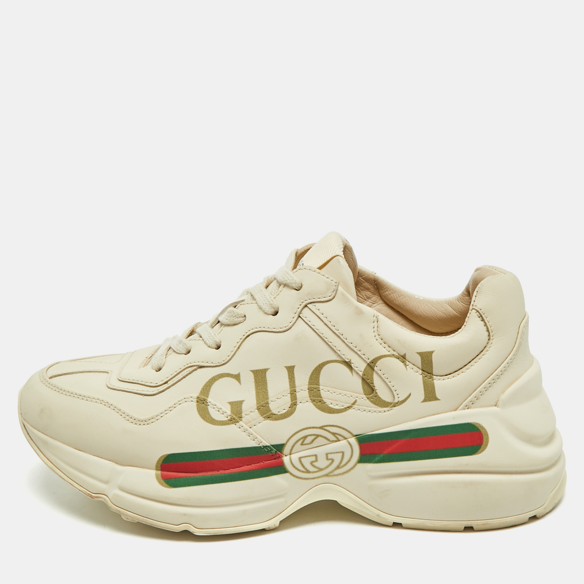 

Gucci Cream Leather Rhyton Gucci Logo Low Top Sneakers Size