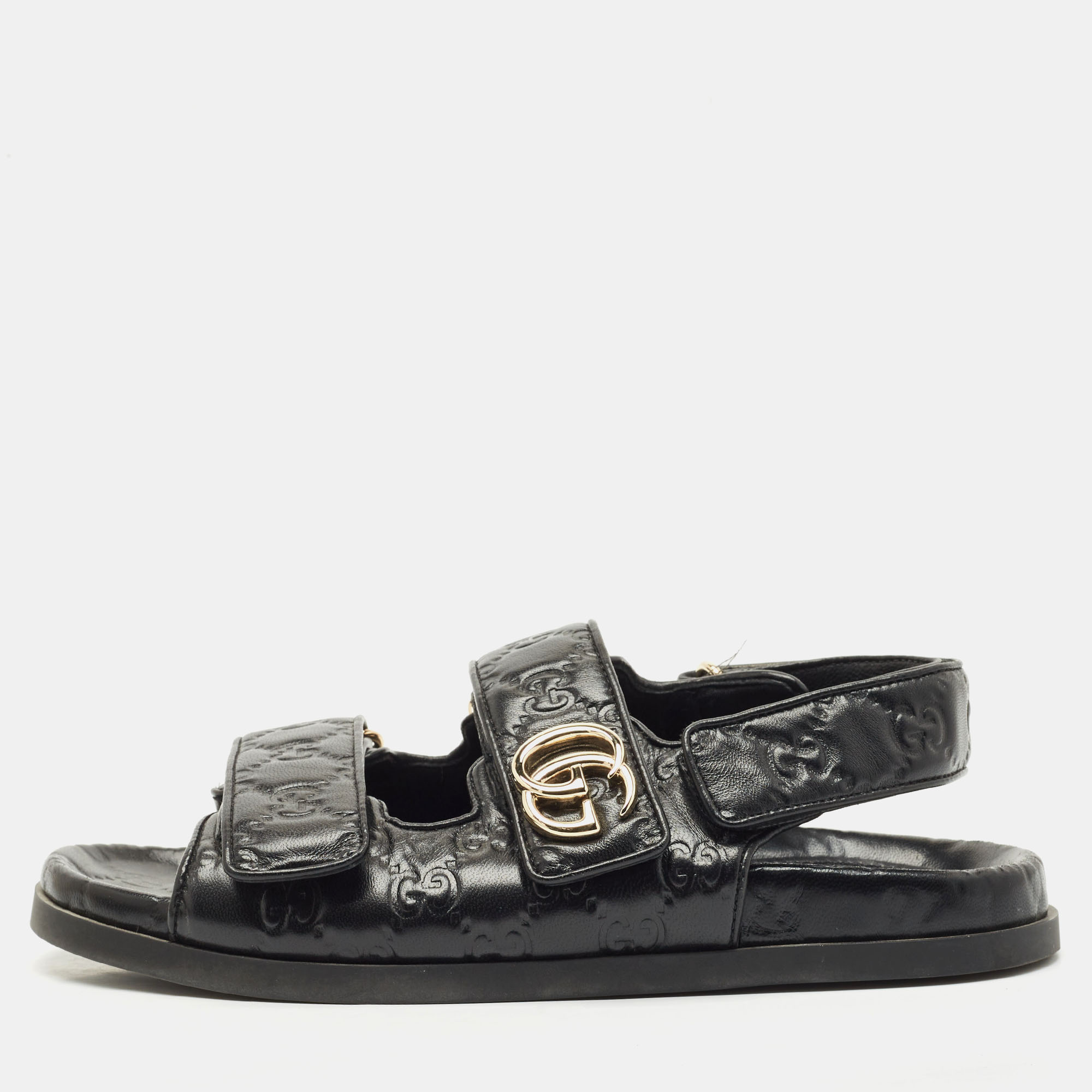 

Gucci Black Leather Marmont Double G Flat Sandals Size