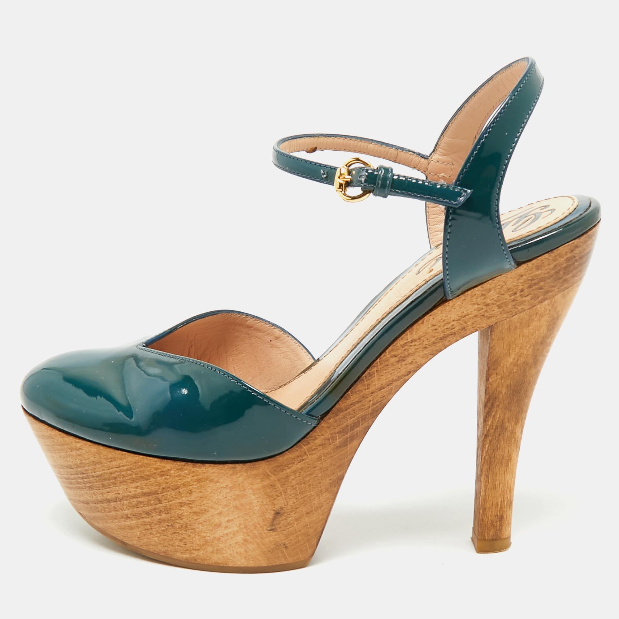 

Gucci Teal Green Patent Leather Platform Ankle Strap Sandals Size