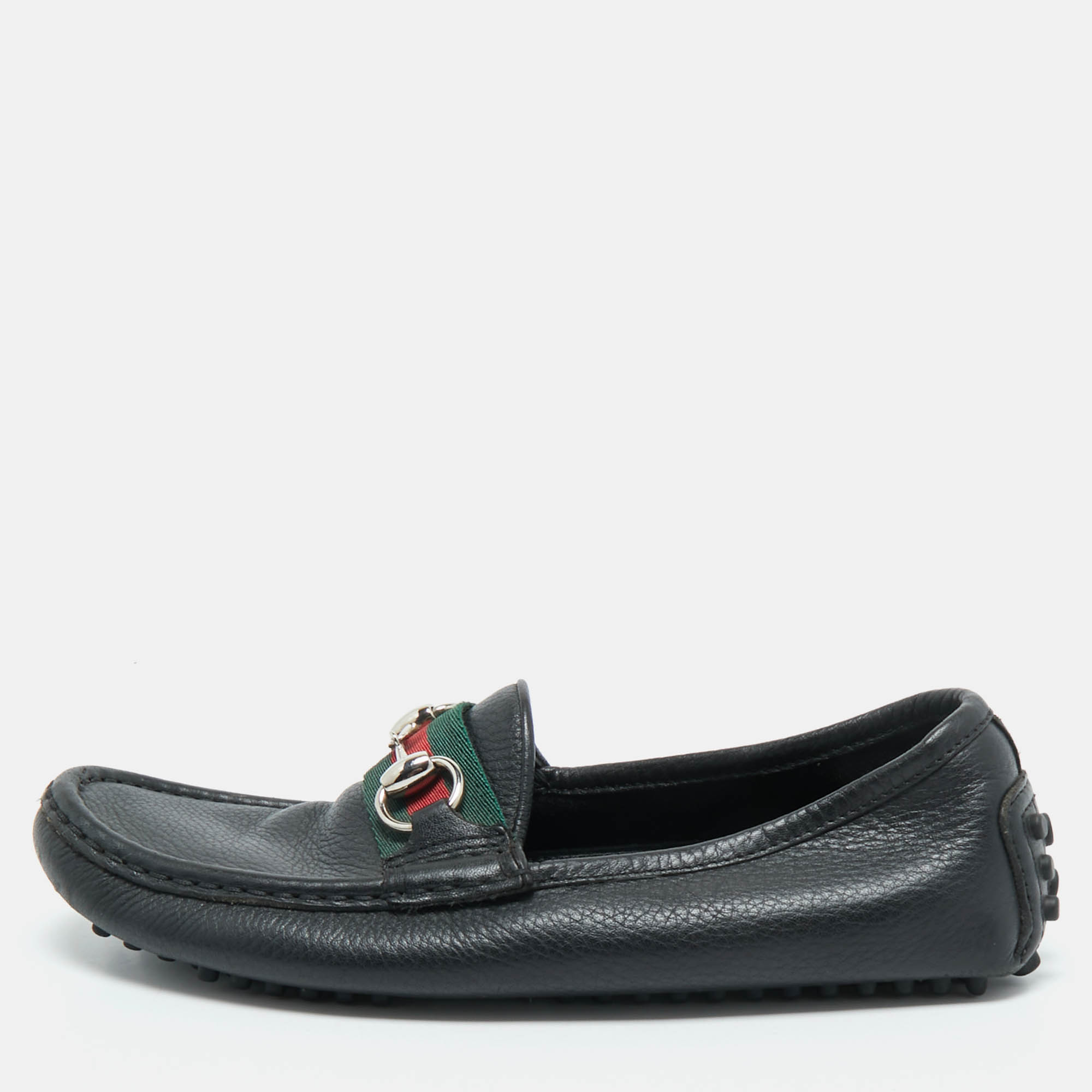 Pre-owned Gucci Black Leather Horsebit Web Loafers Size 35