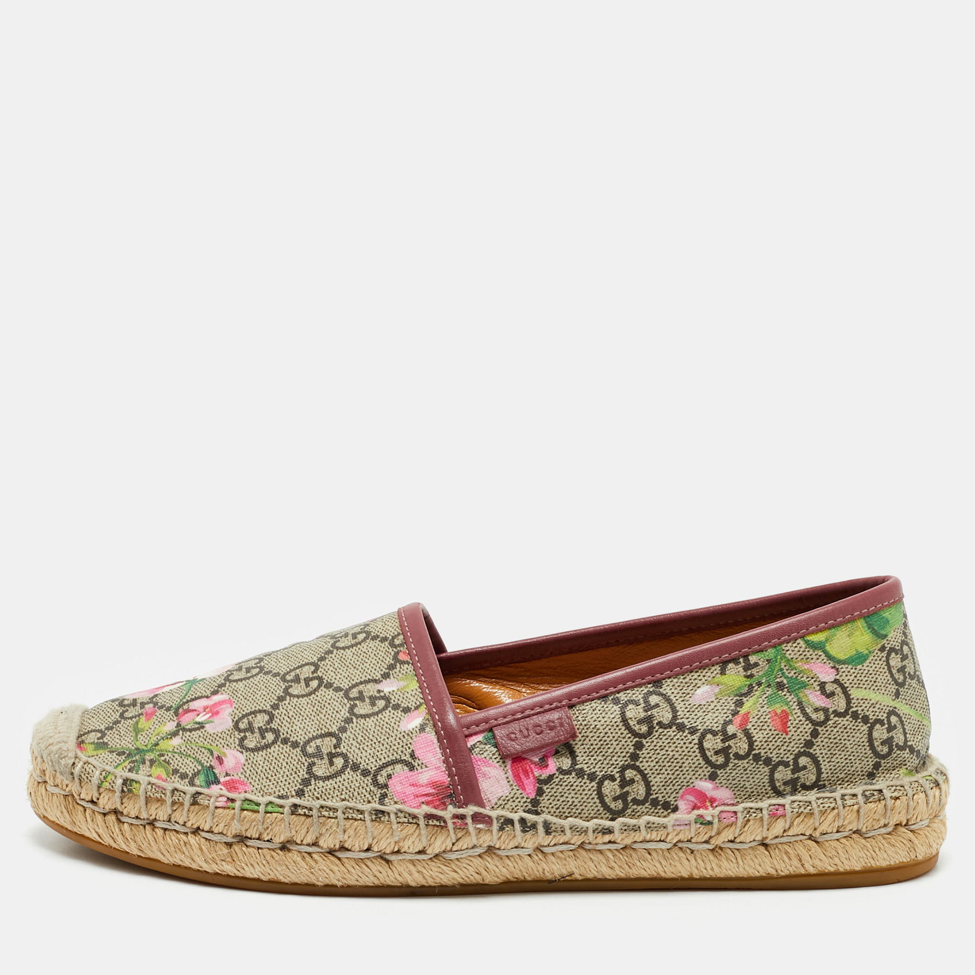 

Gucci Beige/Brown GG Supreme Bloom Canvas Espadrille Flats Size