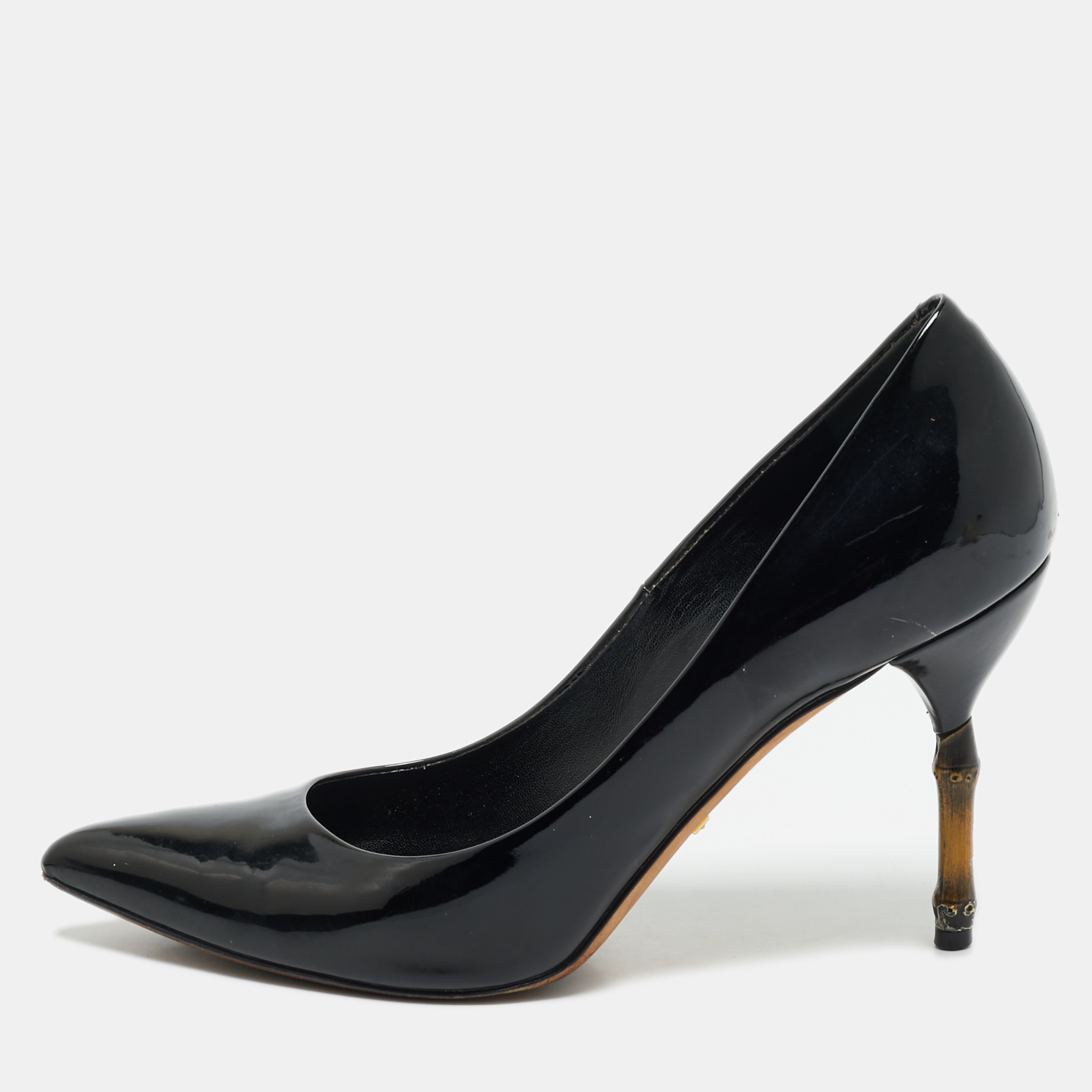 

Gucci Black Patent Leather Kristen Bamboo Heel Pumps Size