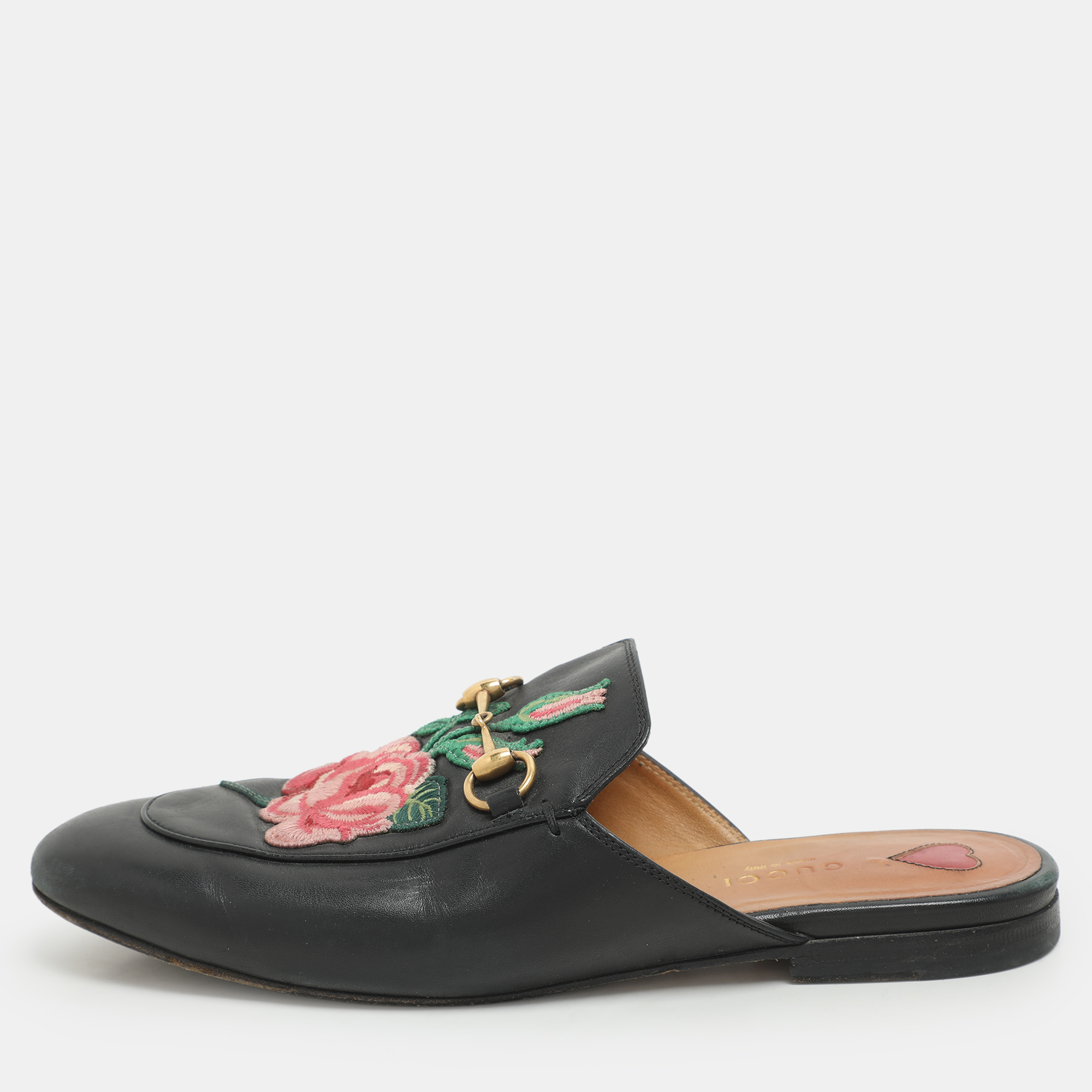 

Gucci Black Leather Rose Embroidered Princetown Horsebit Flat Mules Size 38.5