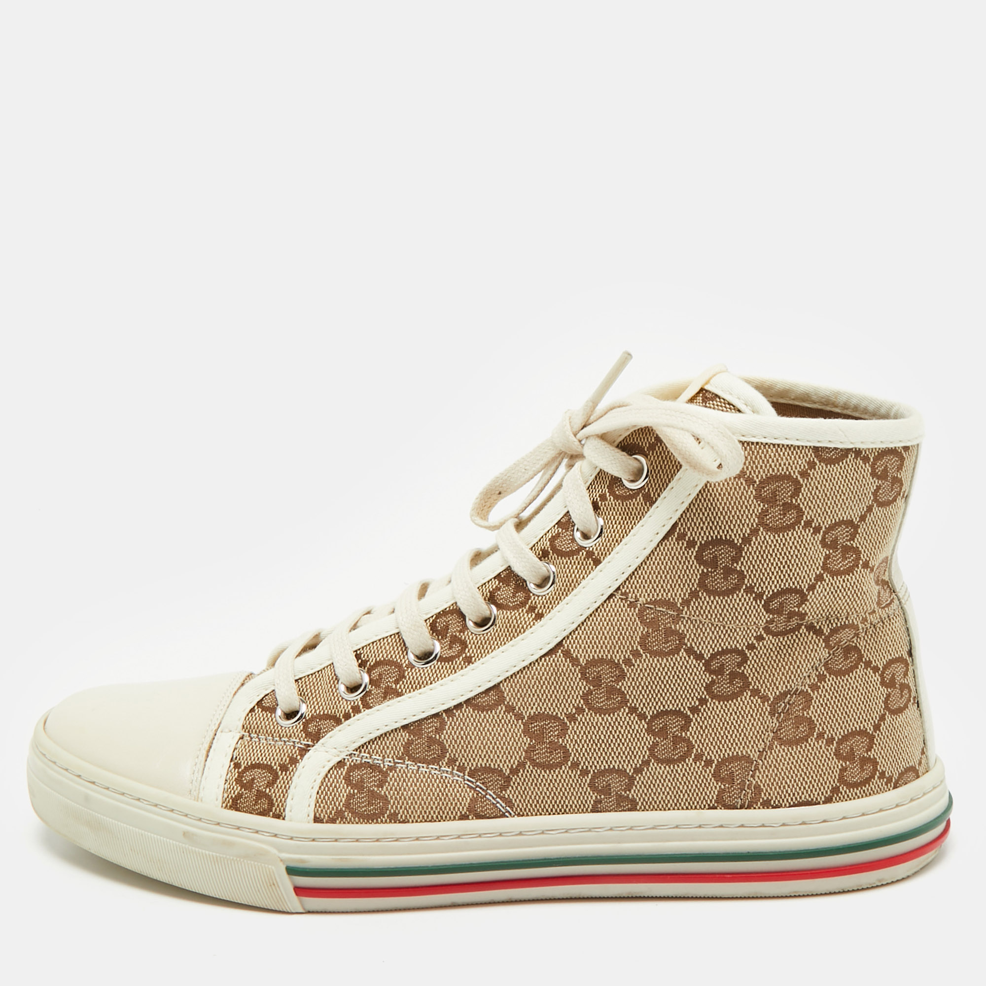 

Gucci Beige/Cream GG Supreme Canvas And Leather High Top Sneakers Size