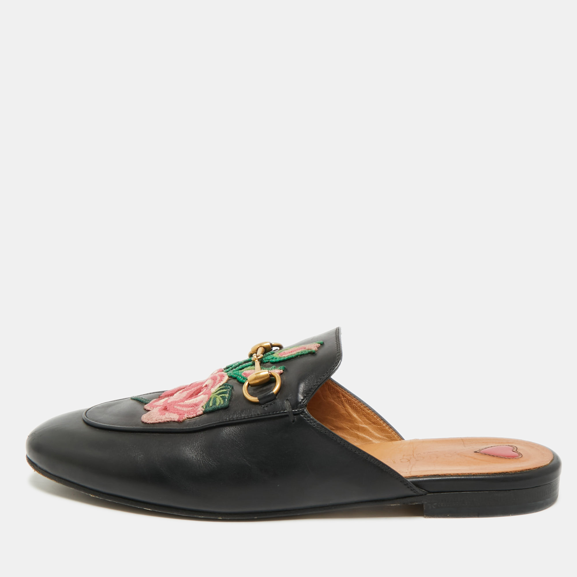 

Gucci Black Leather Rose Embroidered Princetown Horsebit Flat Mules Size