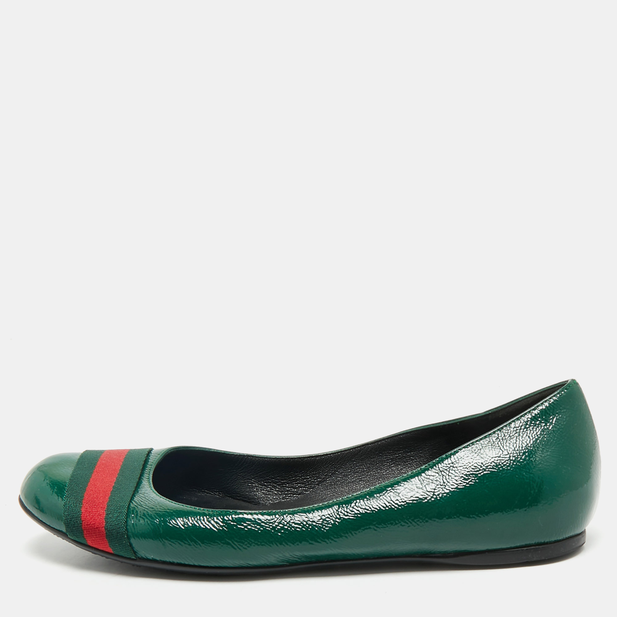 

Gucci Green Leather Web Detail Ballet Flats Size
