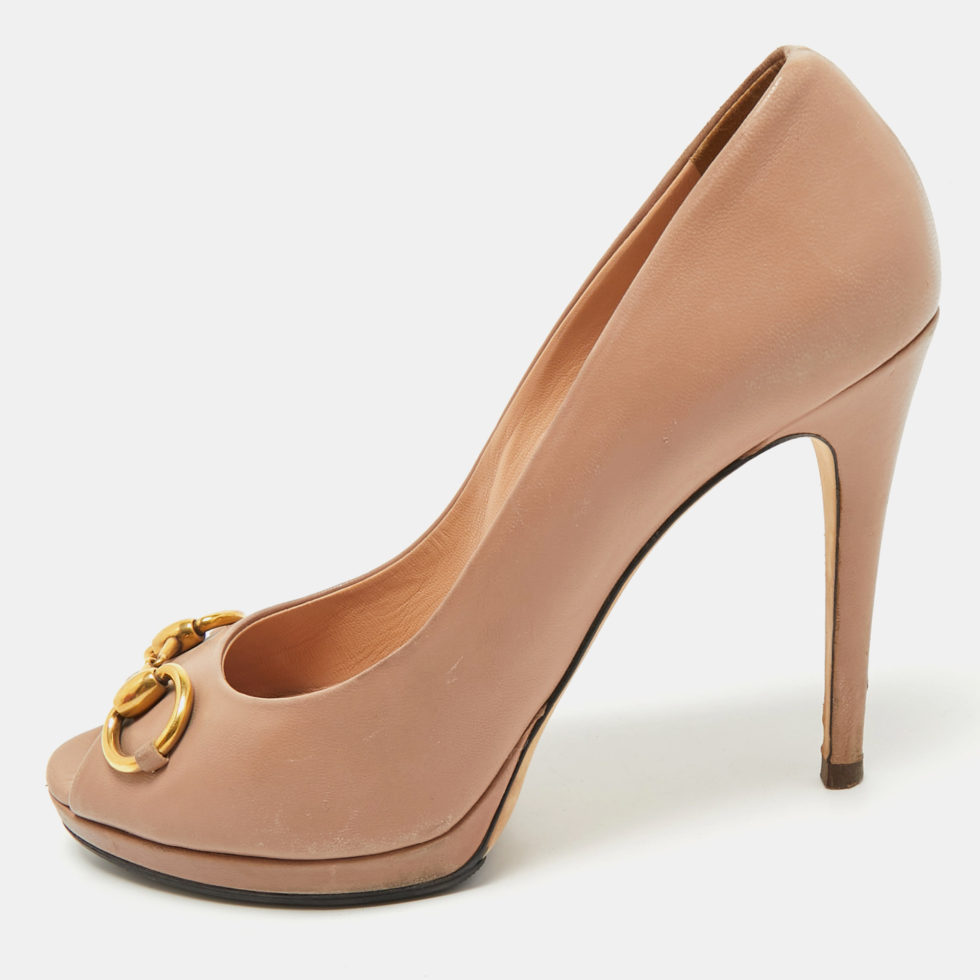 Pre-owned Gucci Dusty Pink Leather Horsebit Peep Toe Pumps Size 40