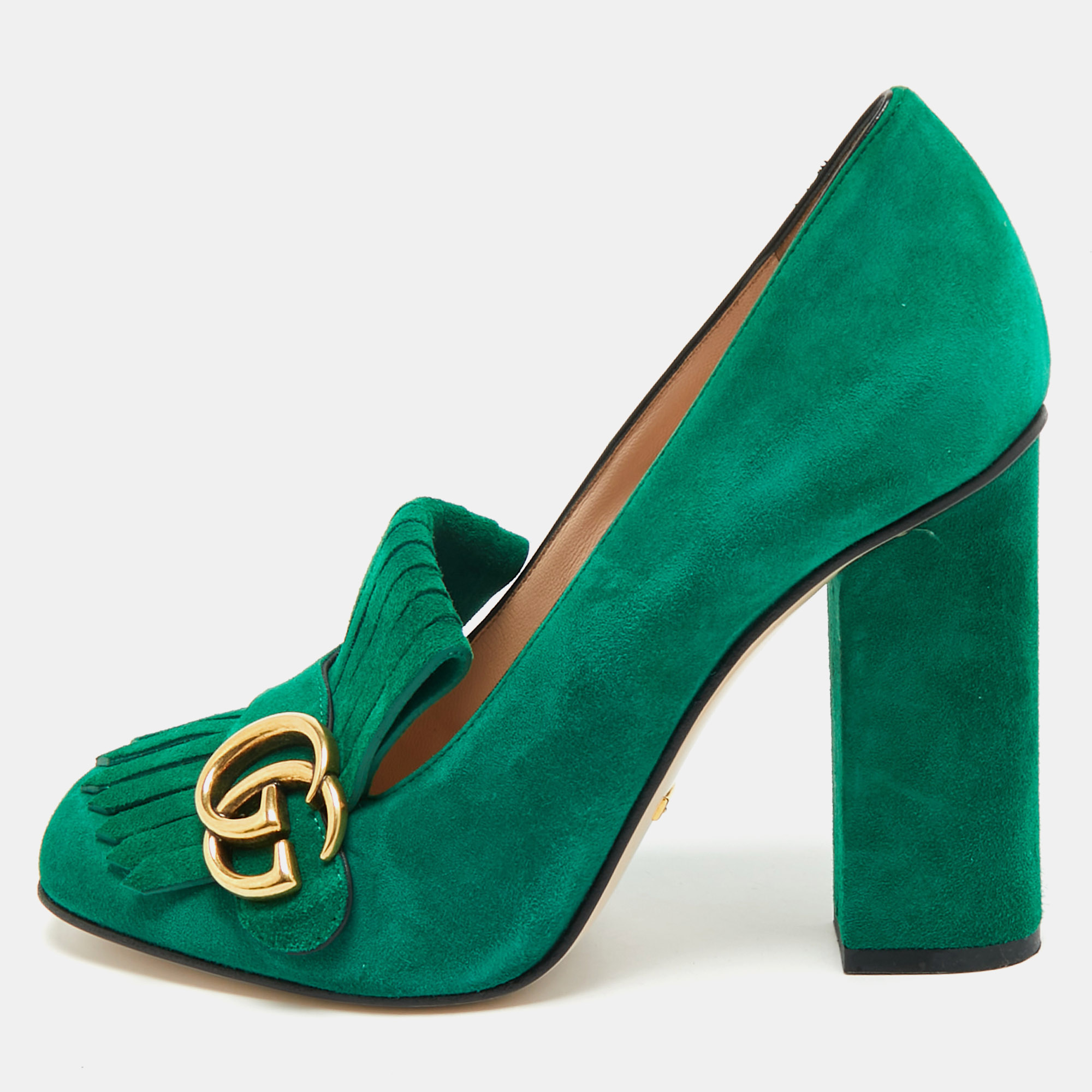 

Gucci Green Suede GG Marmont Fringe Pumps Size