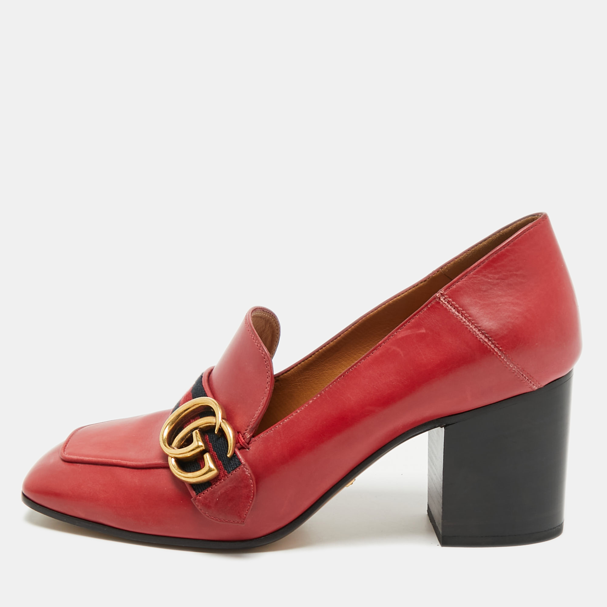 

Gucci Red Leather GG Marmont Web Loafer Pumps Size