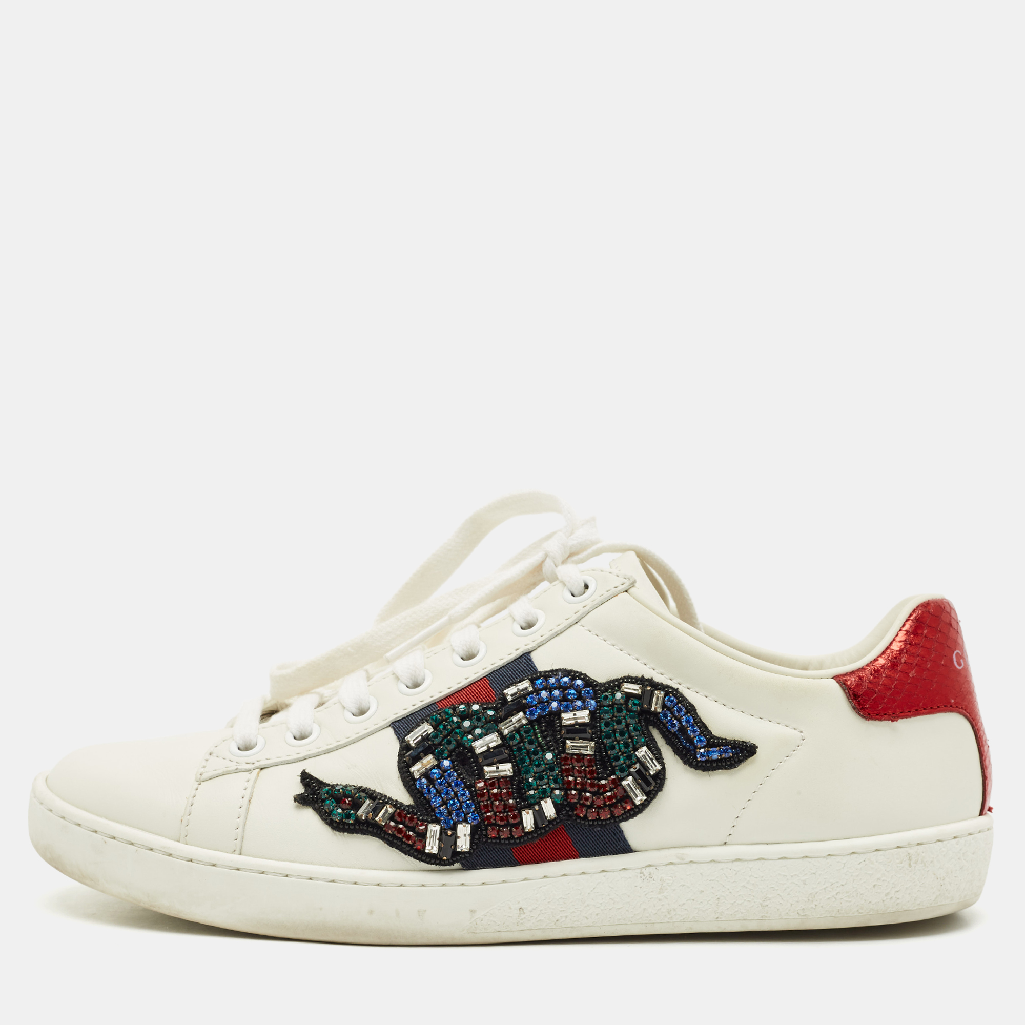 

Gucci White Leather and Snakeskin Embossed Leather Ace Low Top Sneakers Size