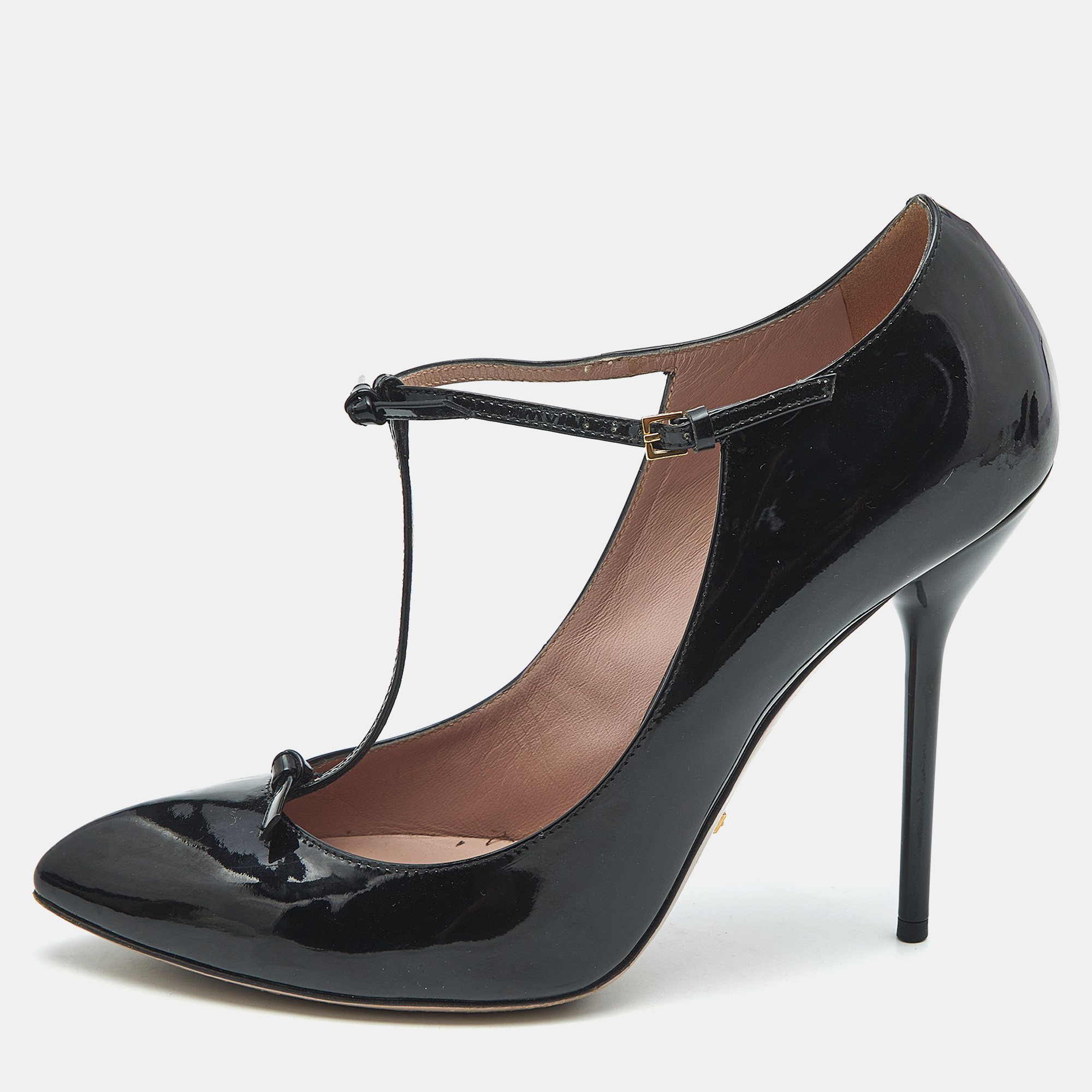 

Gucci Black Patent Leather Beverly T Strap Pumps Size