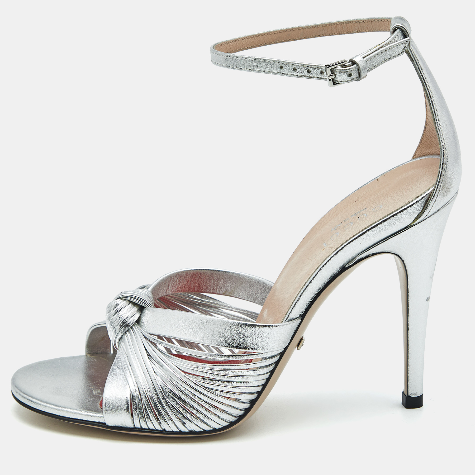 

Gucci Silver Leather Allie Knot Ankle Strap Sandals Size