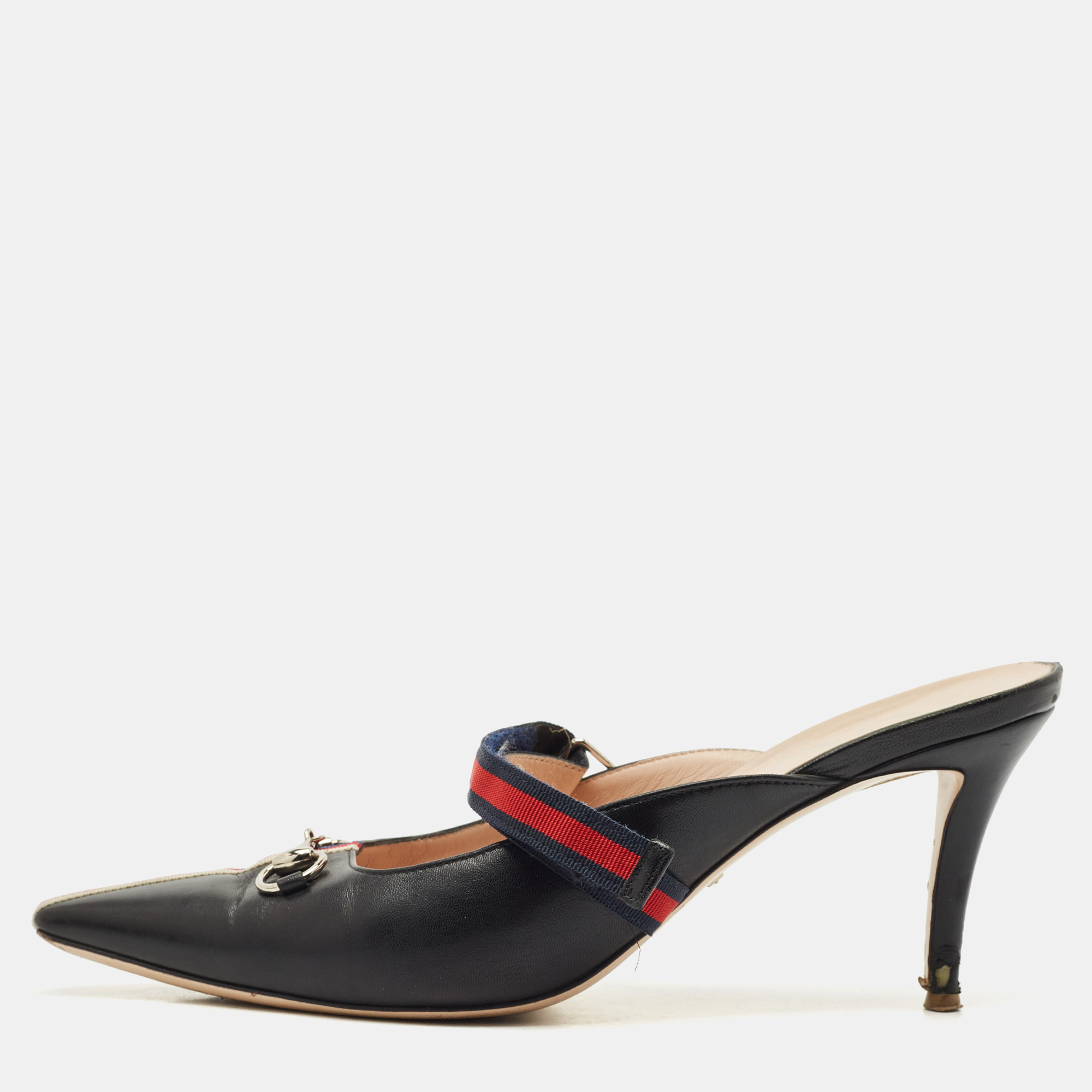 

Gucci Black/Red Leather Emma Web Strap Horsebit Mules Size