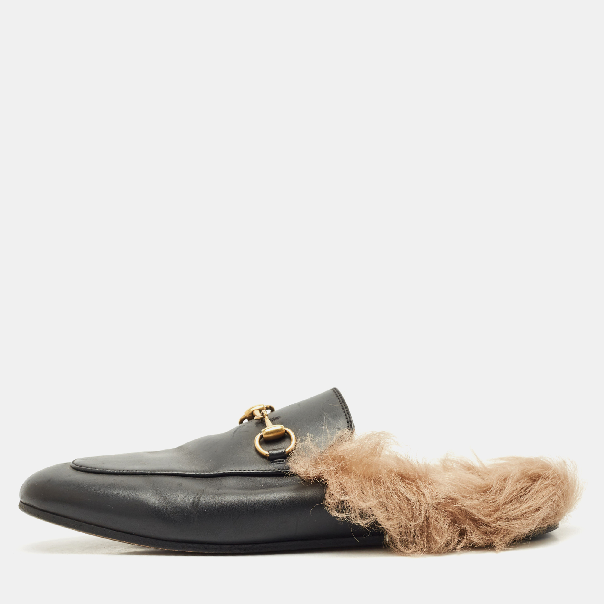

Gucci Black Leather And Fur Princetown Mule Sandals Size
