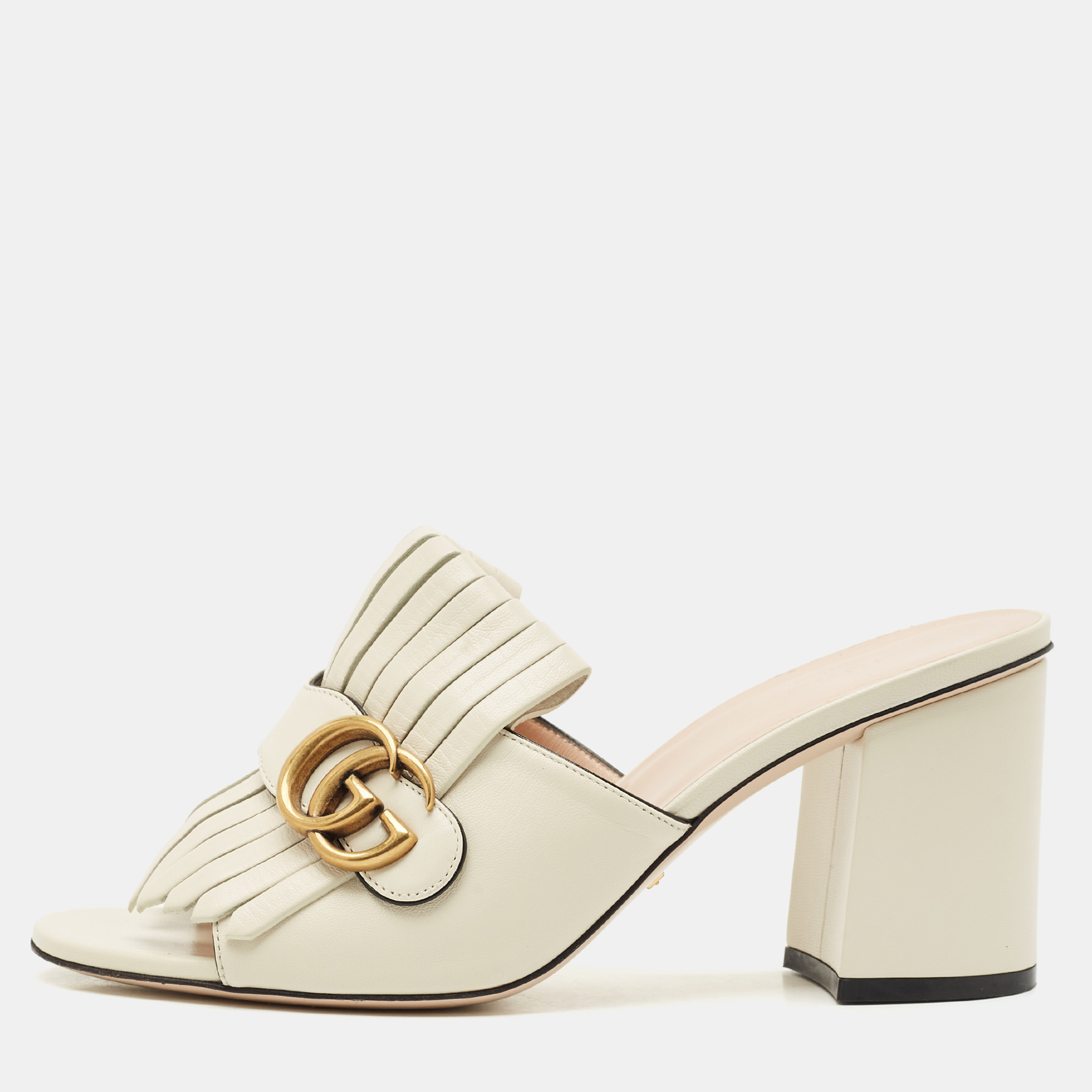 

Gucci Cream Leather GG Marmont Fringe Block Heel Slide Sandals Size