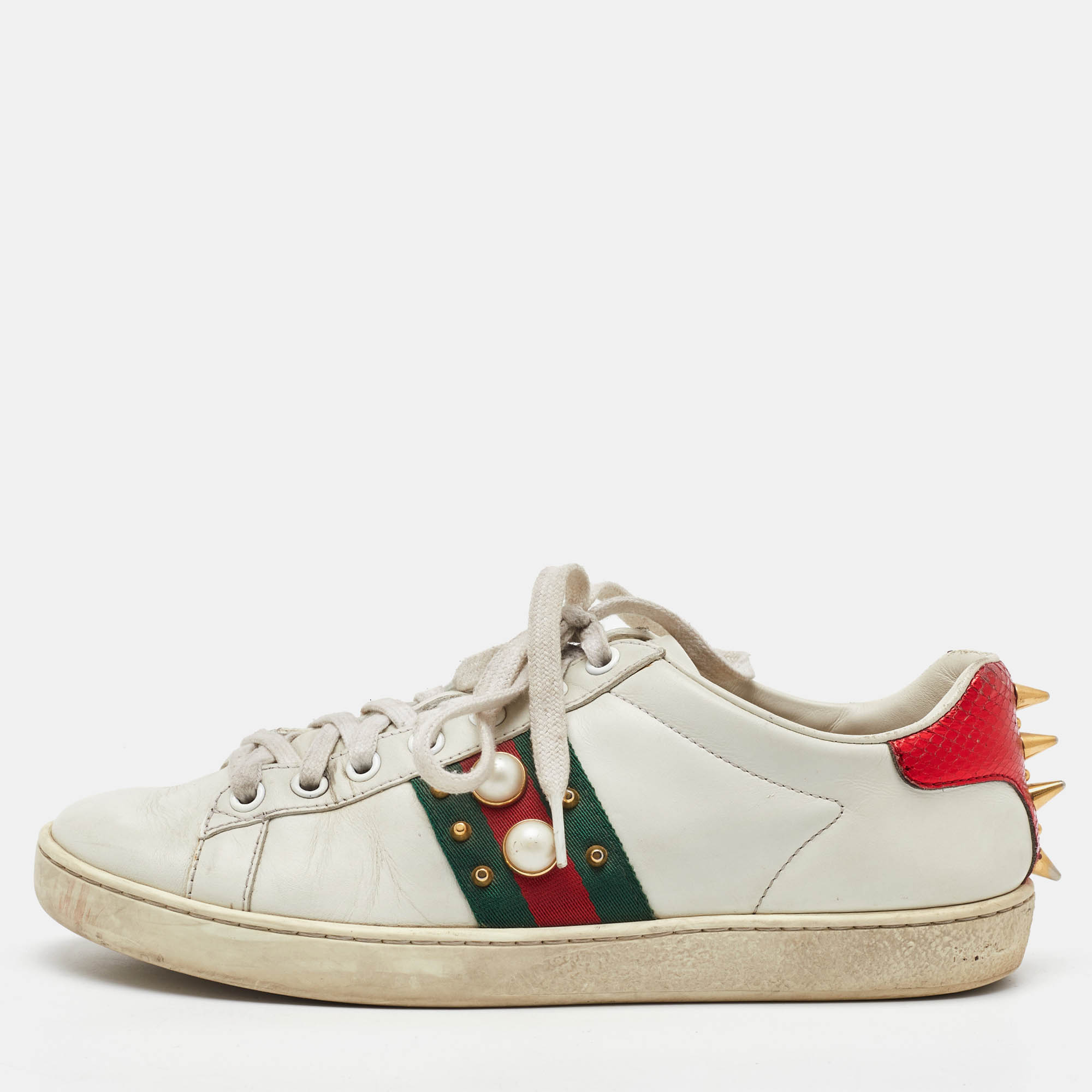 

Gucci White Leather Pearl Embellished Ace Low Top Sneakers Size