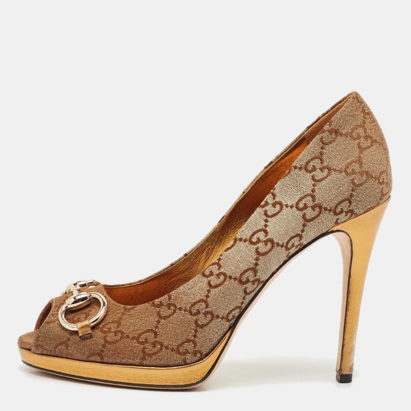 Pre-owned Gucci Bronze Gg Fabric Horsebit Peep Toe Platform Pumps Size 37.5 In Brown