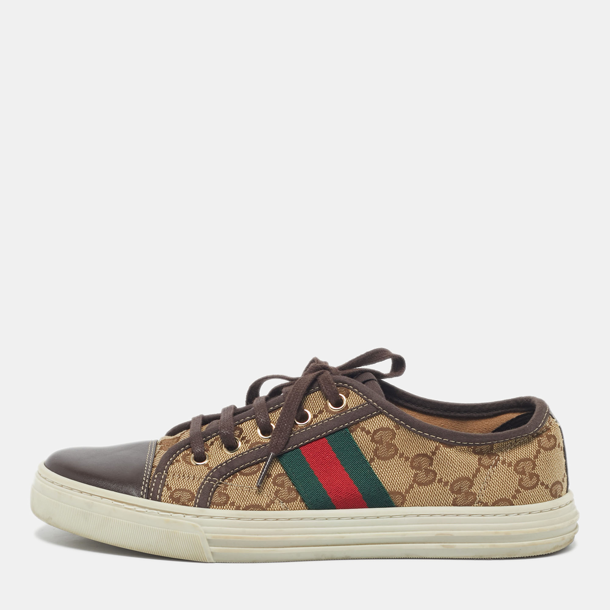 

Gucci Beige/Brown GG Supreme Canvas Ace Web Low Top Sneakers Size