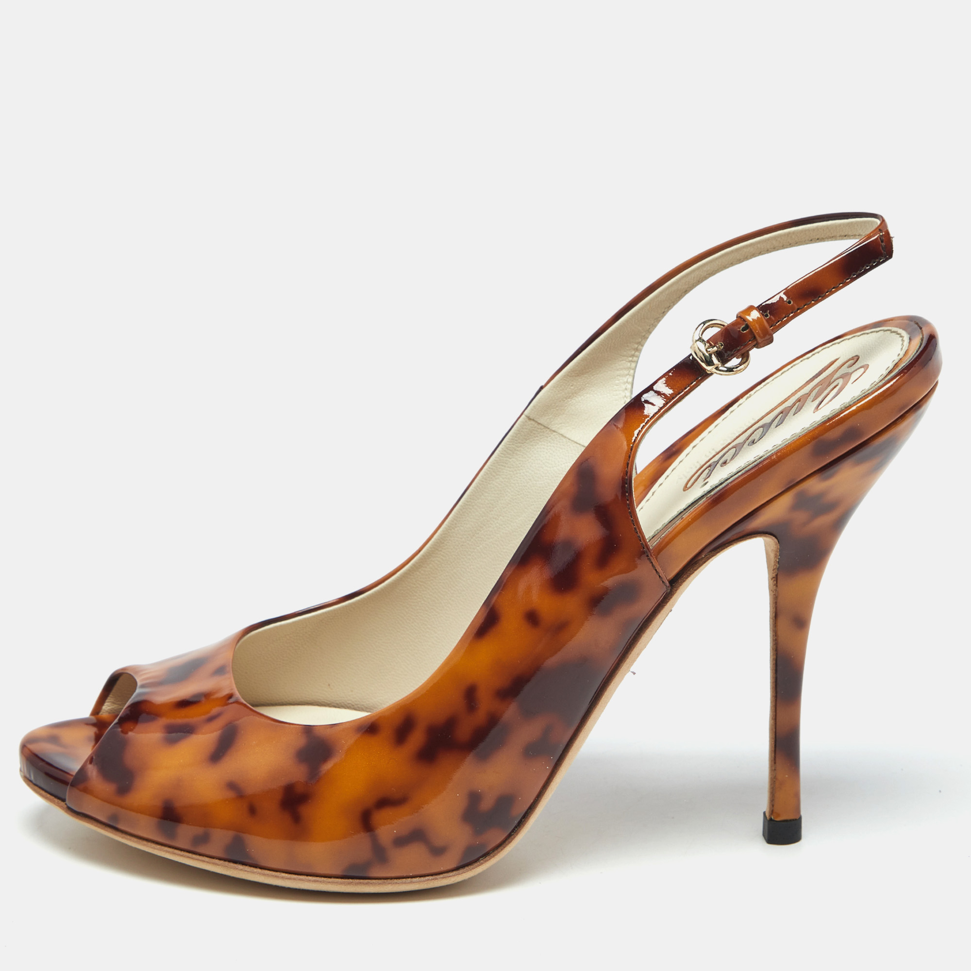 

Gucci Brown Tortoise Shell Patent Leather Slingback Pumps Size