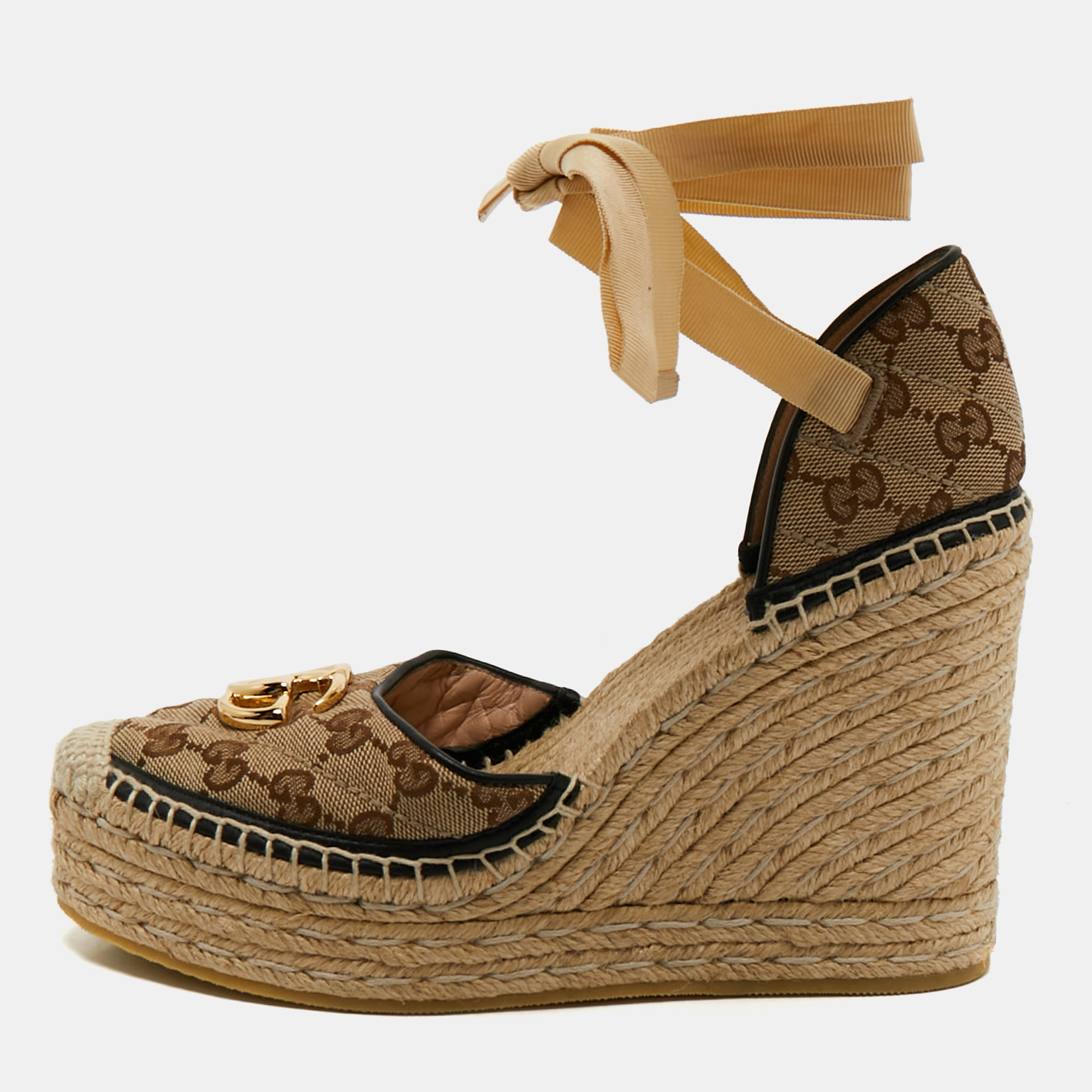 

Gucci Brown/Beige GG Canvas Pilar Ankle Tie Espadrille Wedge Pumps Size