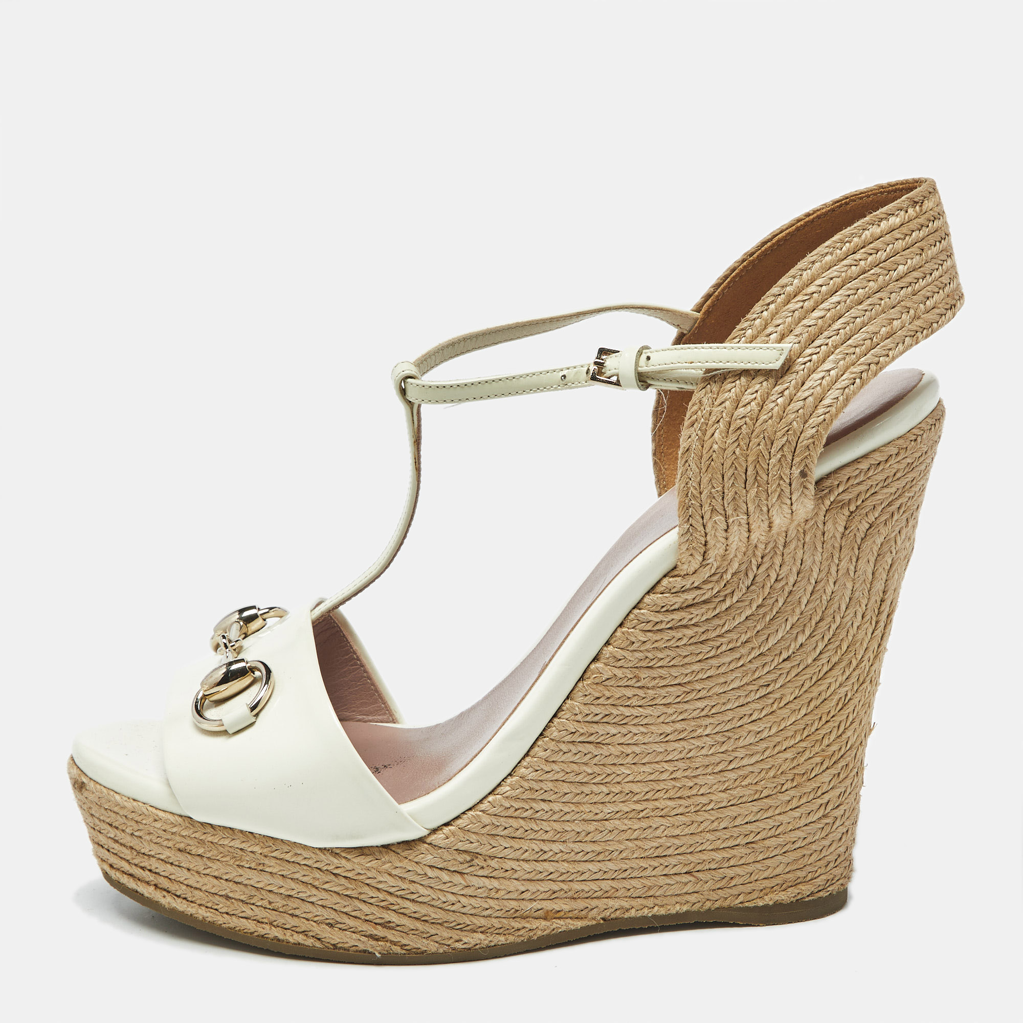 Pre-owned Gucci Cream Patent Leather Horsebit Wedge Espadrille Sandals Size 39.5 In White