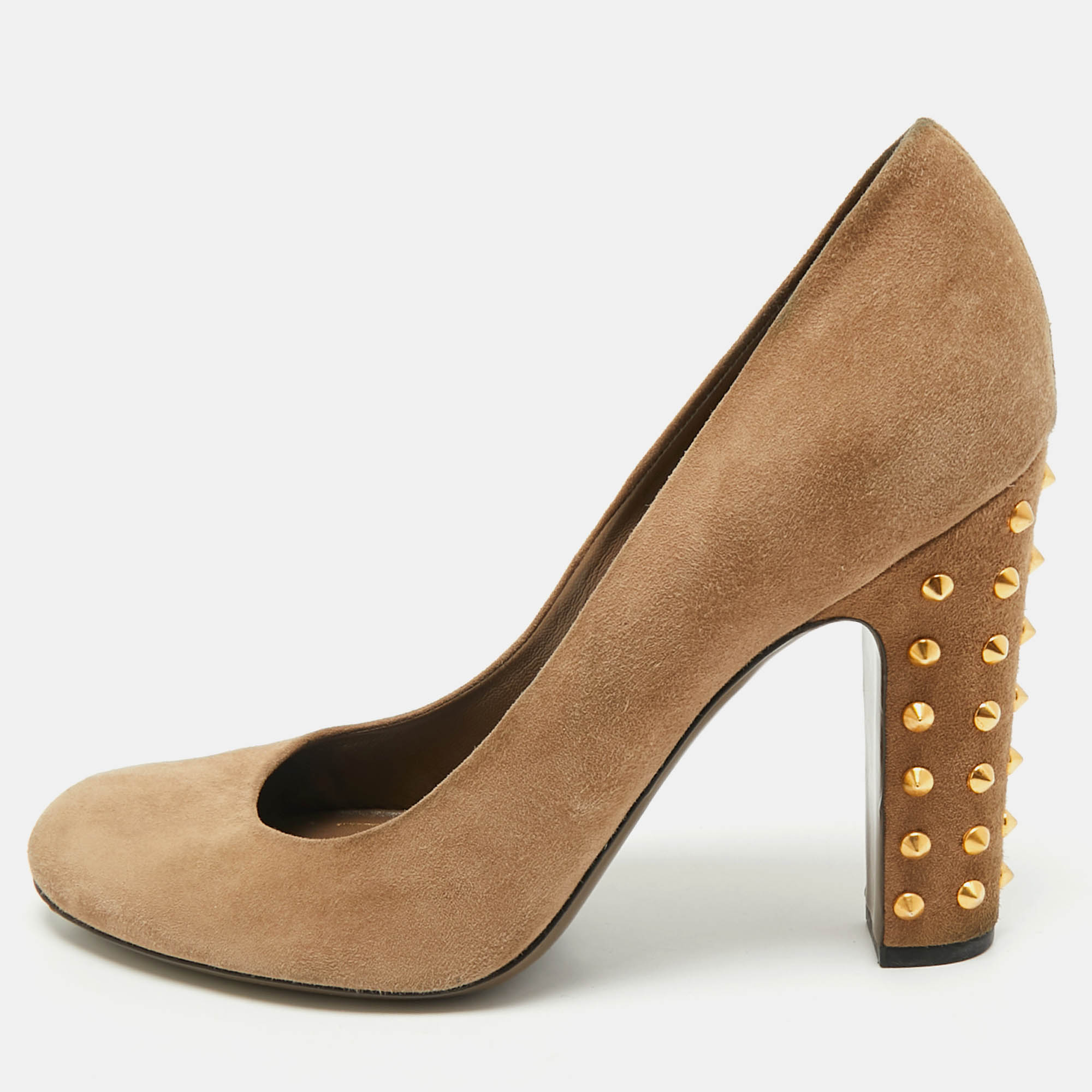 

Gucci Brown Suede Jacqueline Studded Block Heel Pumps Size