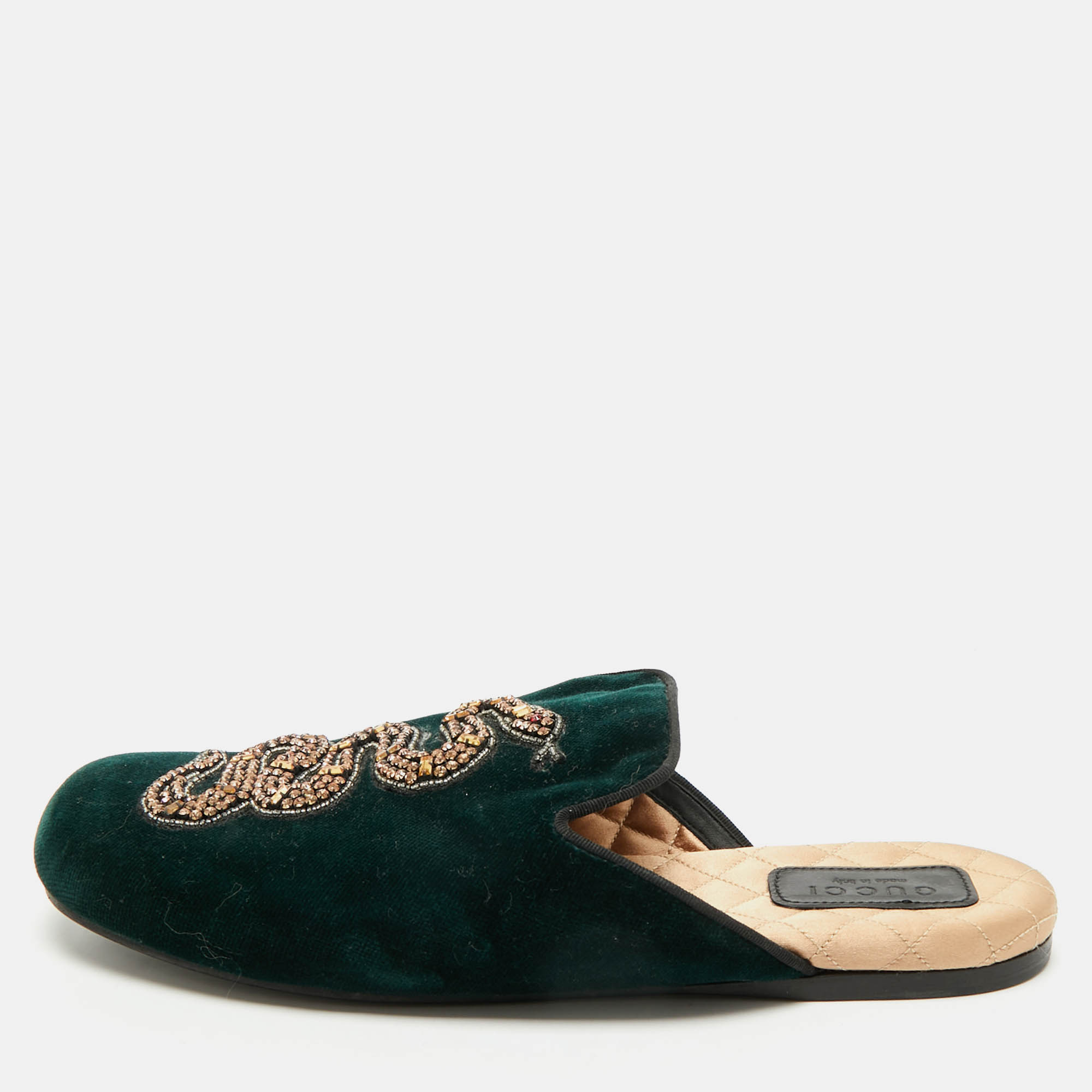 

Gucci Dark Green Velvet Crystal Embellished Snake Flat Mules Size