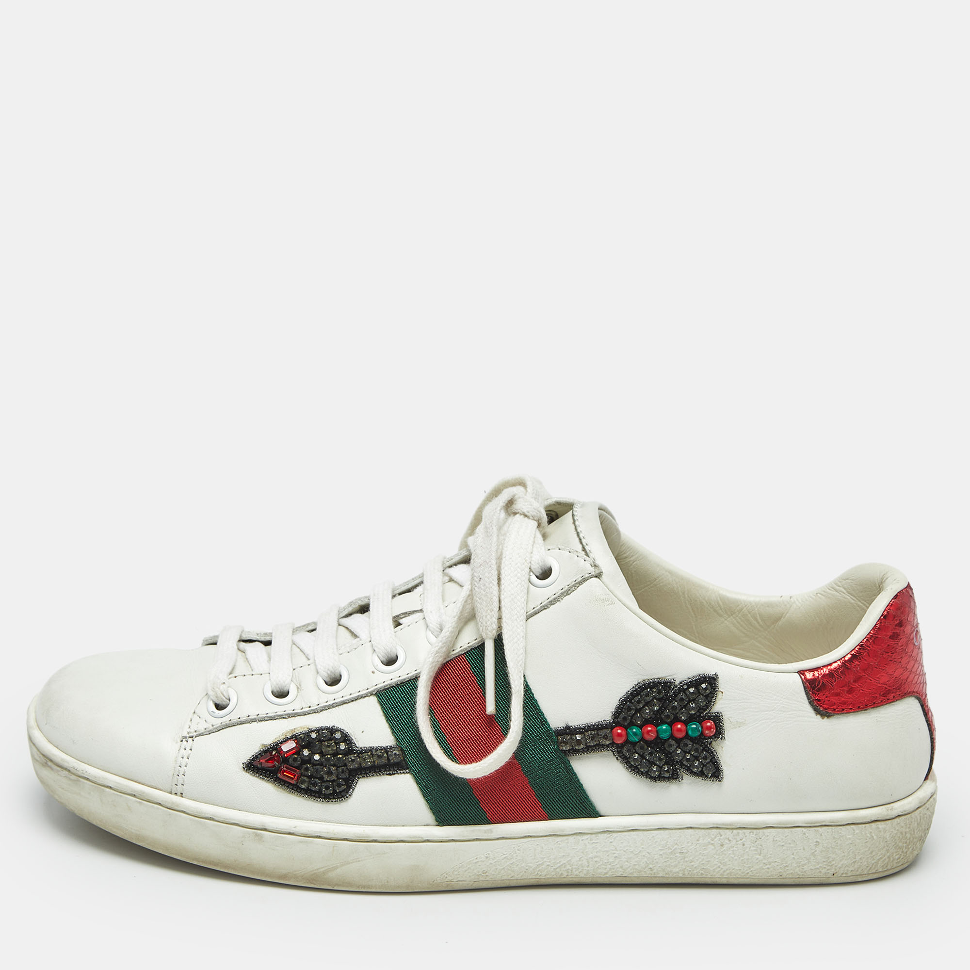 

Gucci White Leather Arrow Embellished Web Ace Low Top Sneakers Size
