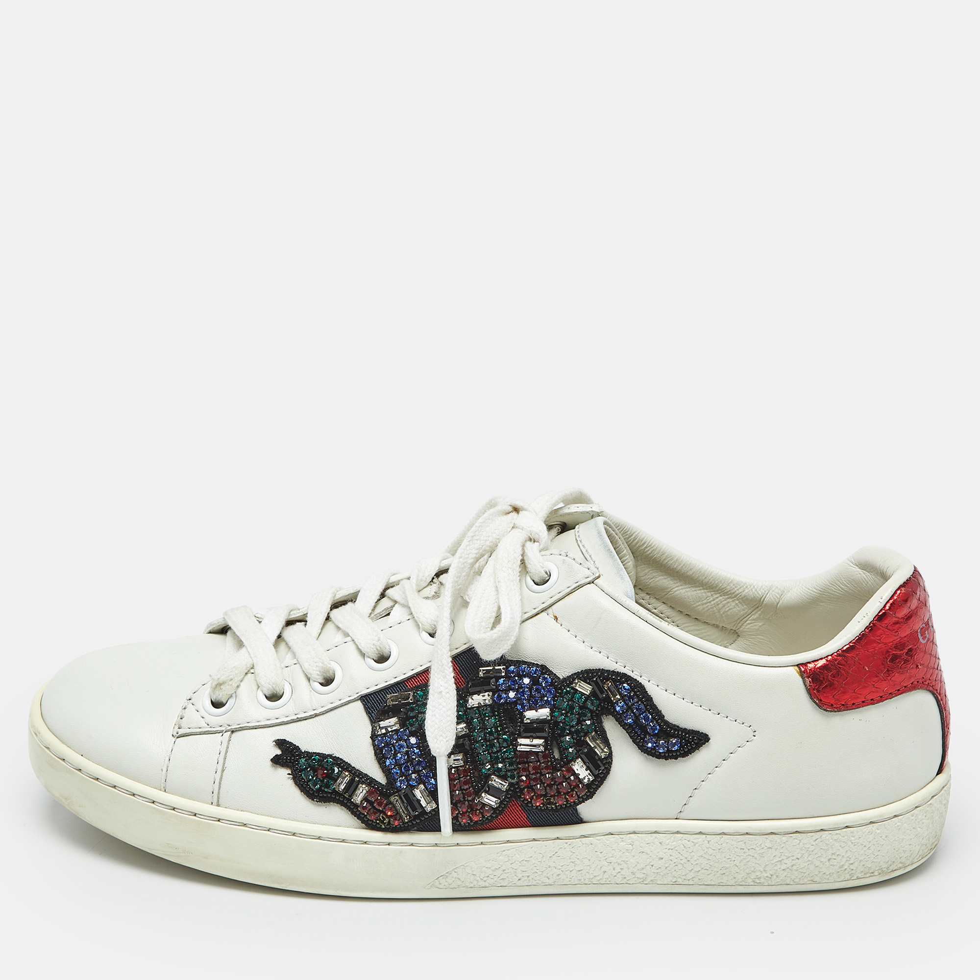 

Gucci White Leather Snake Embellished Web Ace Low Top Sneakers Size