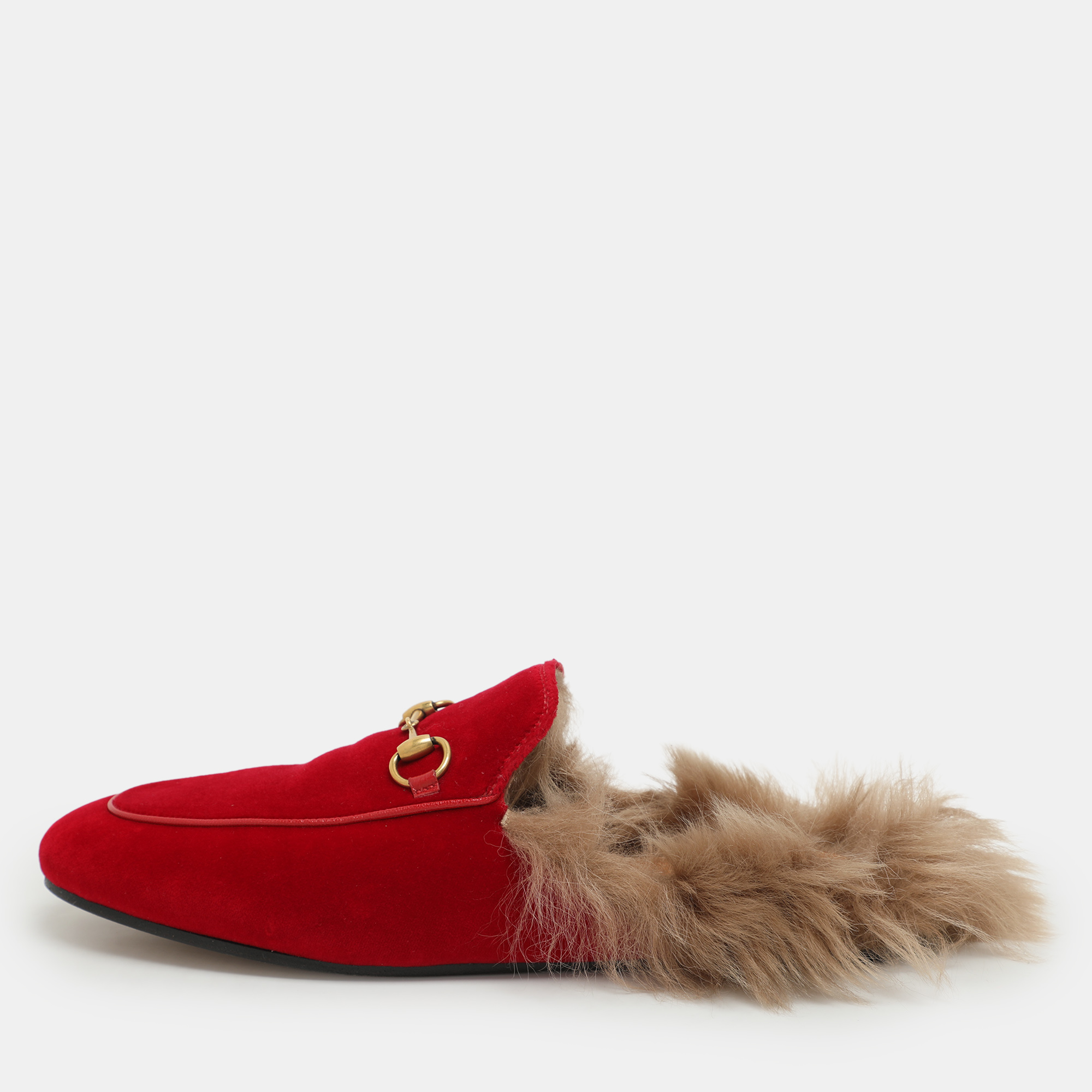 Gucci Red Velvet Princetown Horsebit Flat Mules Size 40